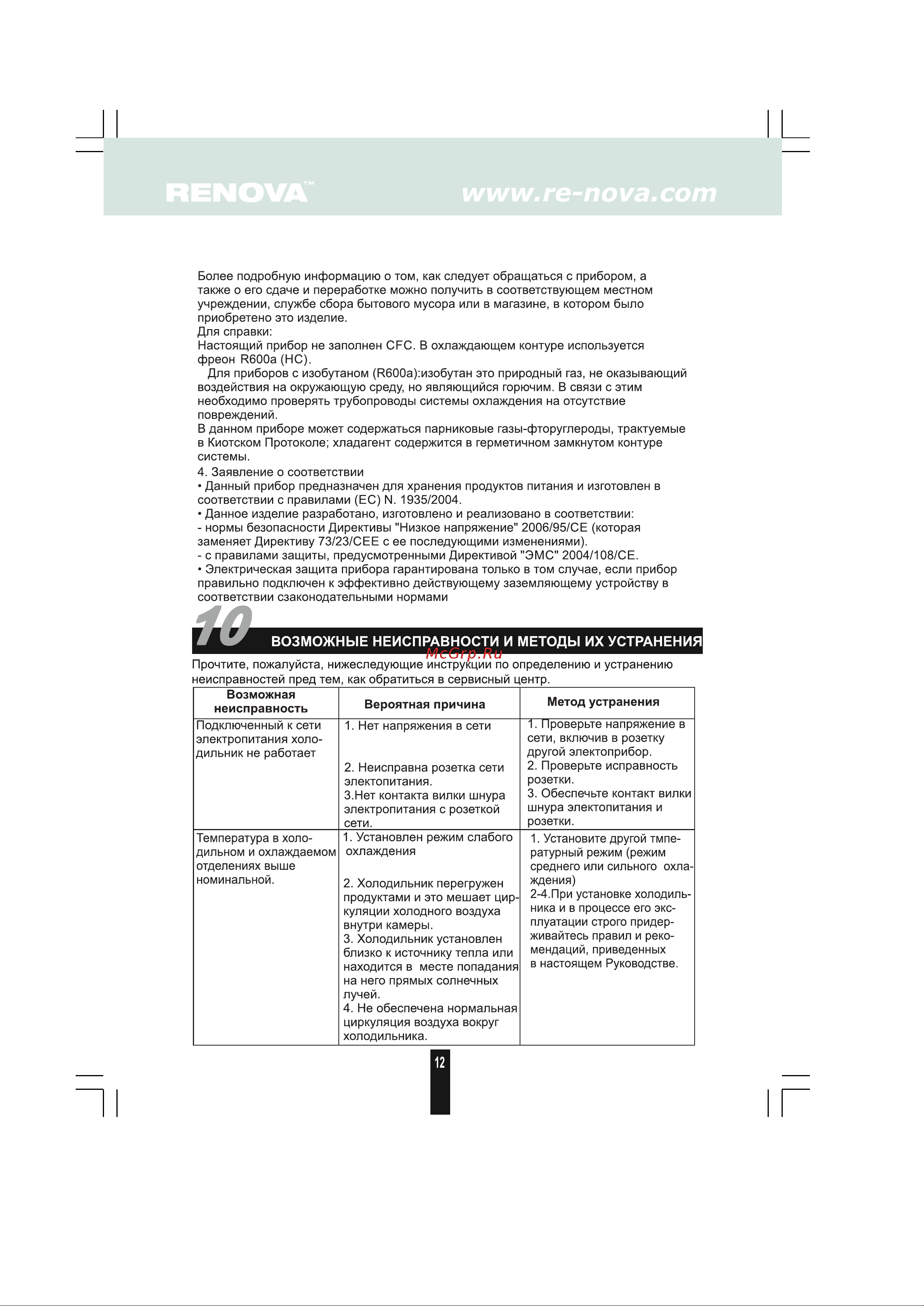 Renova RID-55W [11/15] Возможные неисправности и методы их устранения