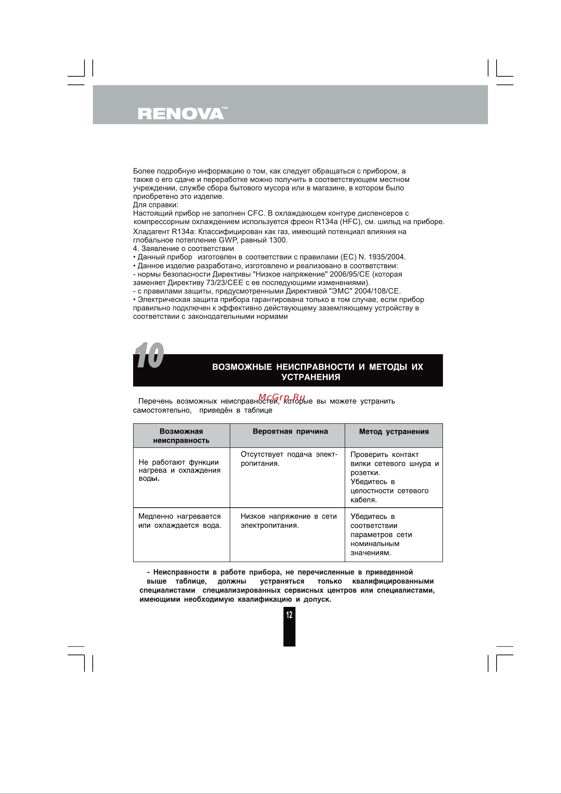 Renova DС-F1C [11/11] Возможные неисправности и методы их