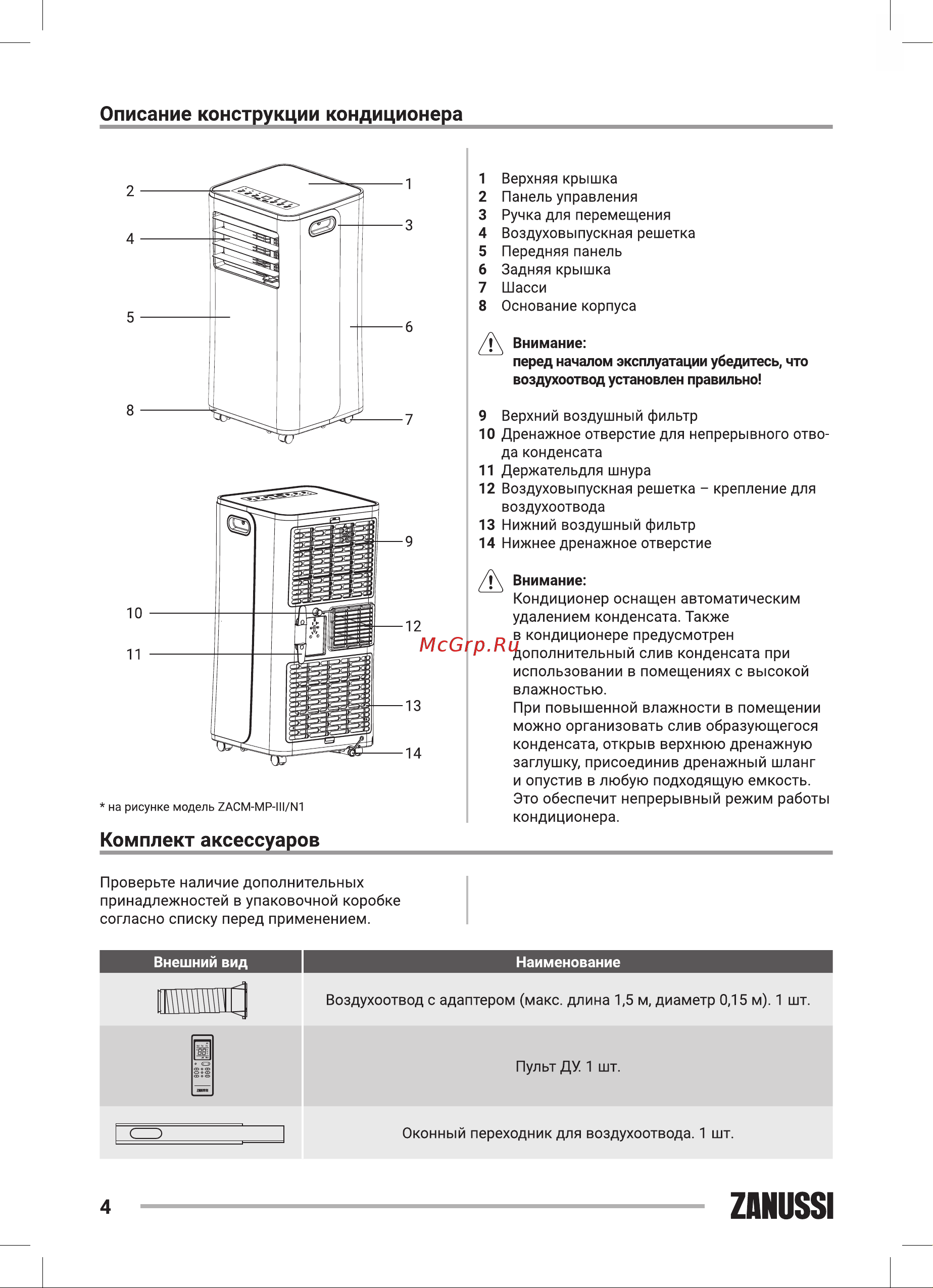 Zanussi ZACM-09 SN/N1 Sonata [4/36] Описание конструкции кондиционера
