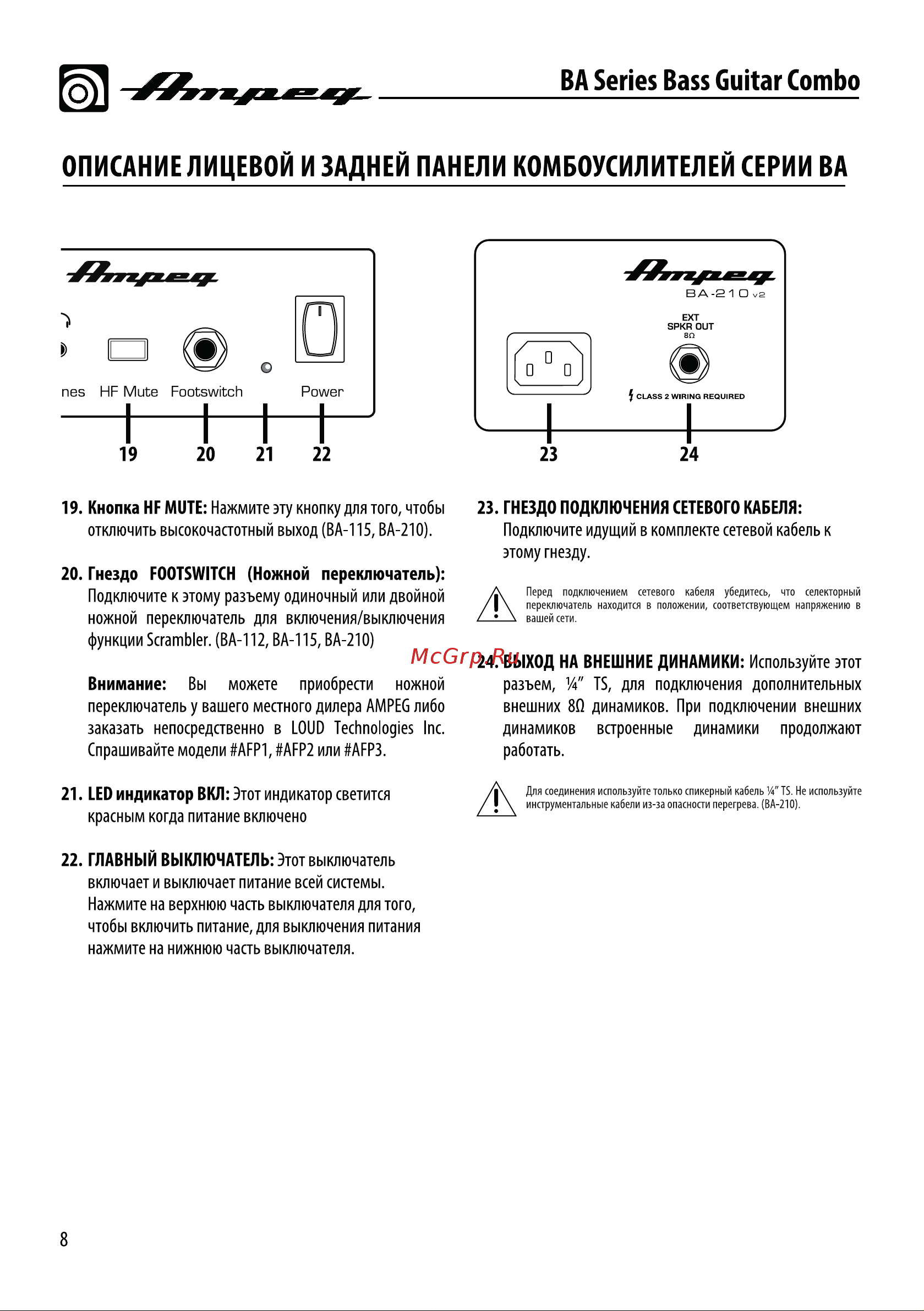 Ampeg BA-112 V2 [8/15] Описание лицевой и задней панели комбоусилителей серии ва