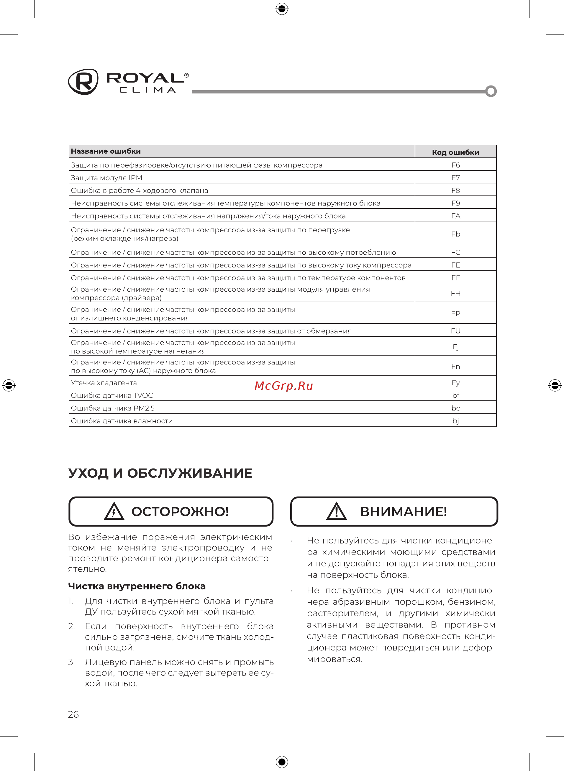 Royal Clima RCI-PF40HN/IN/RCI-PF40HN/OUT [28/48] Уход и обслуживание