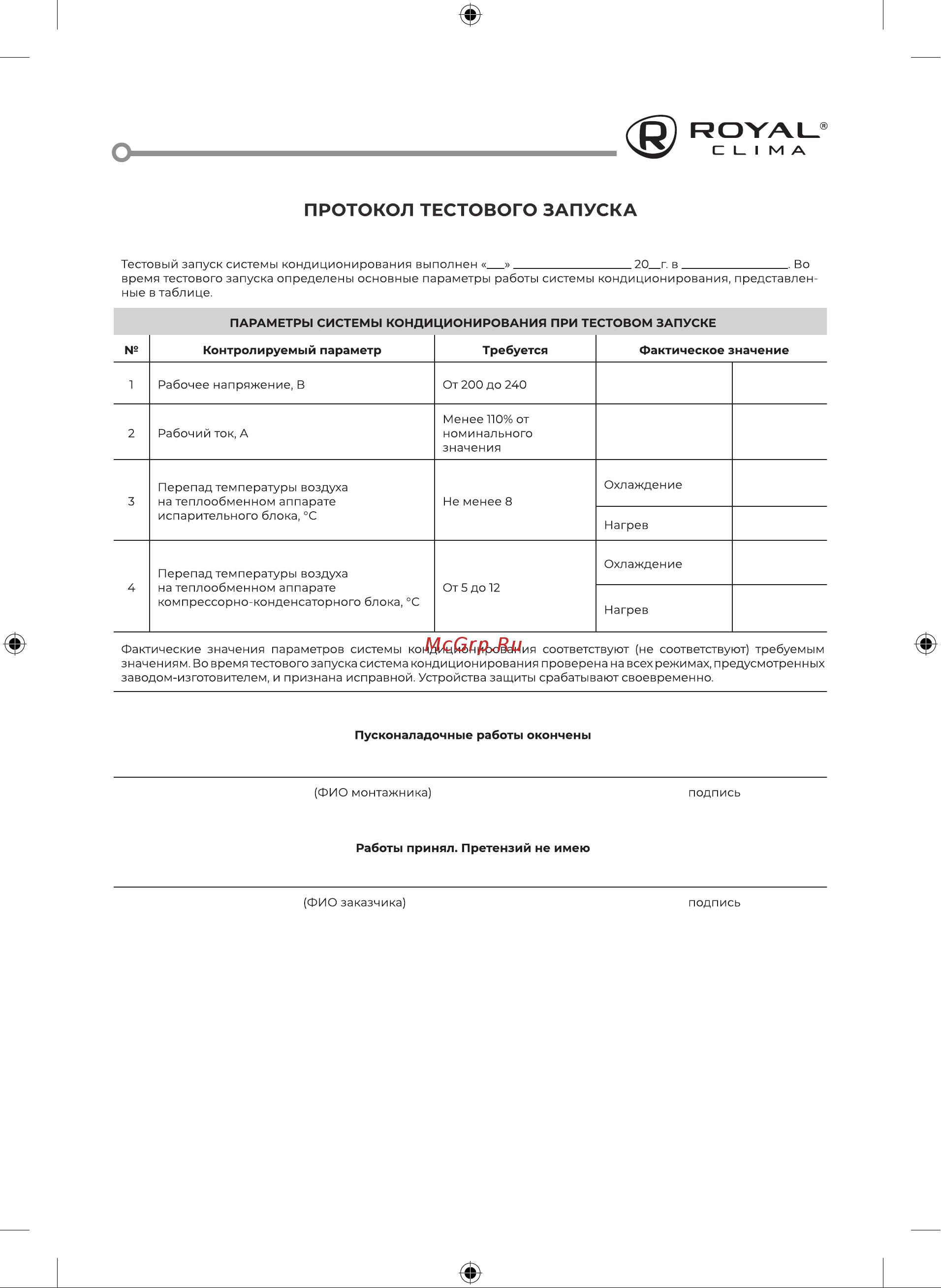 Royal Clima RCI-PF40HN/IN/RCI-PF40HN/OUT [35/48] Протокол тестового запуска