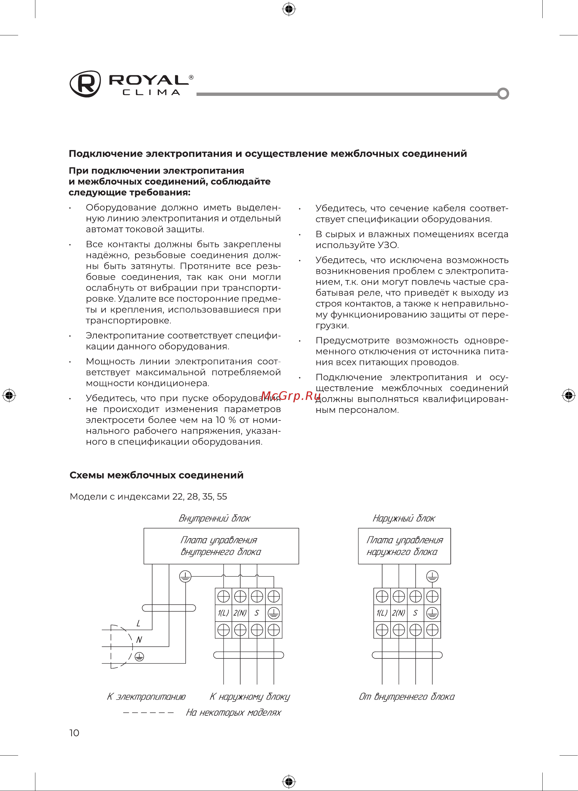 Royal Clima TRIUMPH Inverter RCI-TWN22HN [12/52] Подключение электропитания и осуществление межблочных соединений