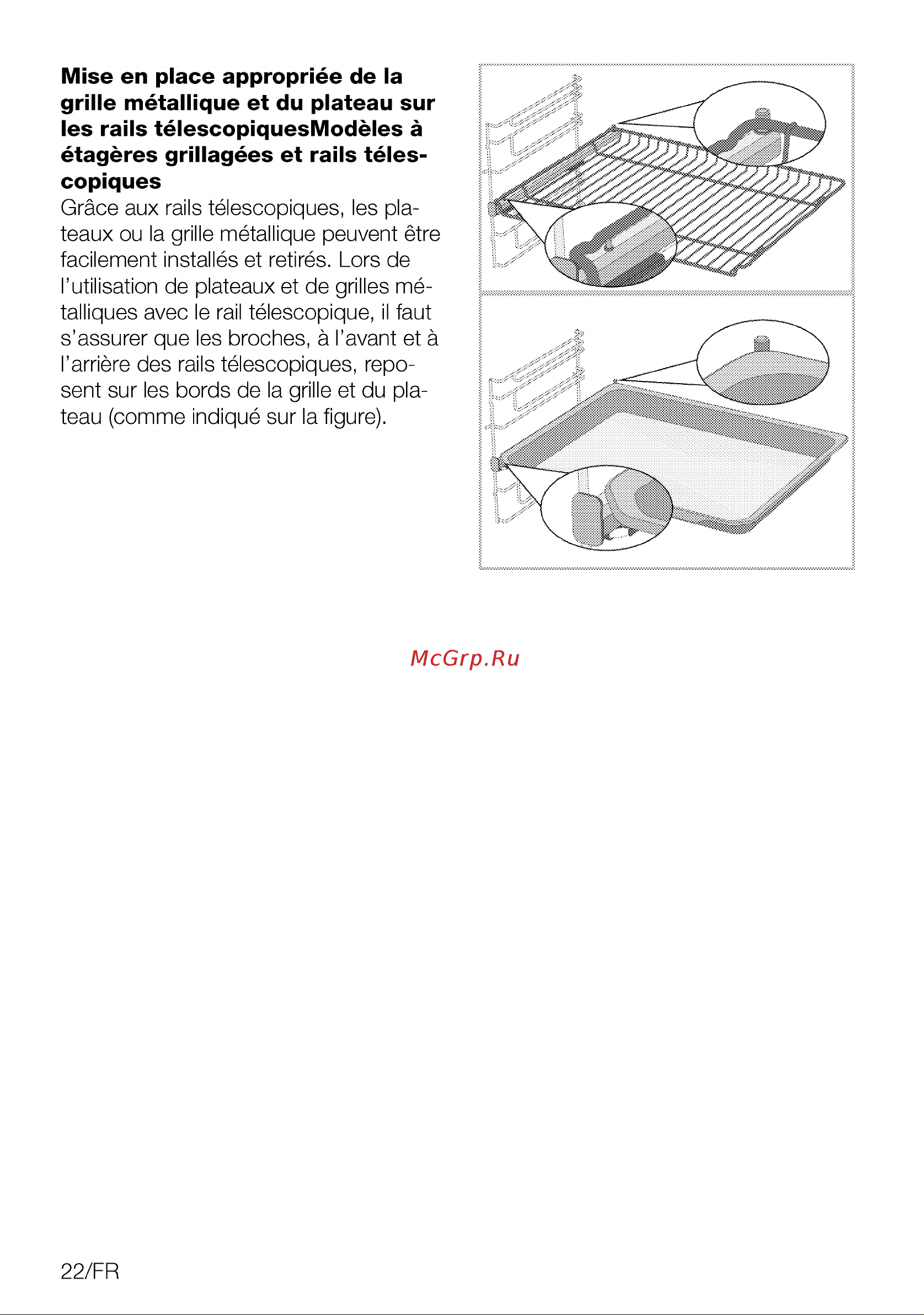 Grundig GEBM19400BPHI [22/112] Mise en place appropriée de la grille métallique et du plateau sur les rails télescopiquesmodèles à étagères grillagées et rails téles copiques