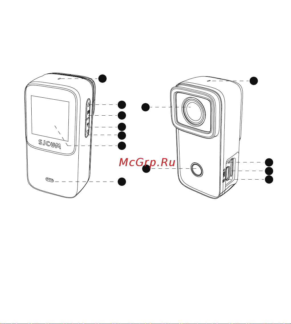 SJCAM C200 [2/19] 2 клавиша вверх клавиша m 3 4 клавиша вниз клавиша wifi 5 экран 6 спикер 7 объектив 8 кнопка включения выключения кнопка ок 9 кнопка сброса 10 гнездо для карты памяти 11 usb порт 12 микрофон