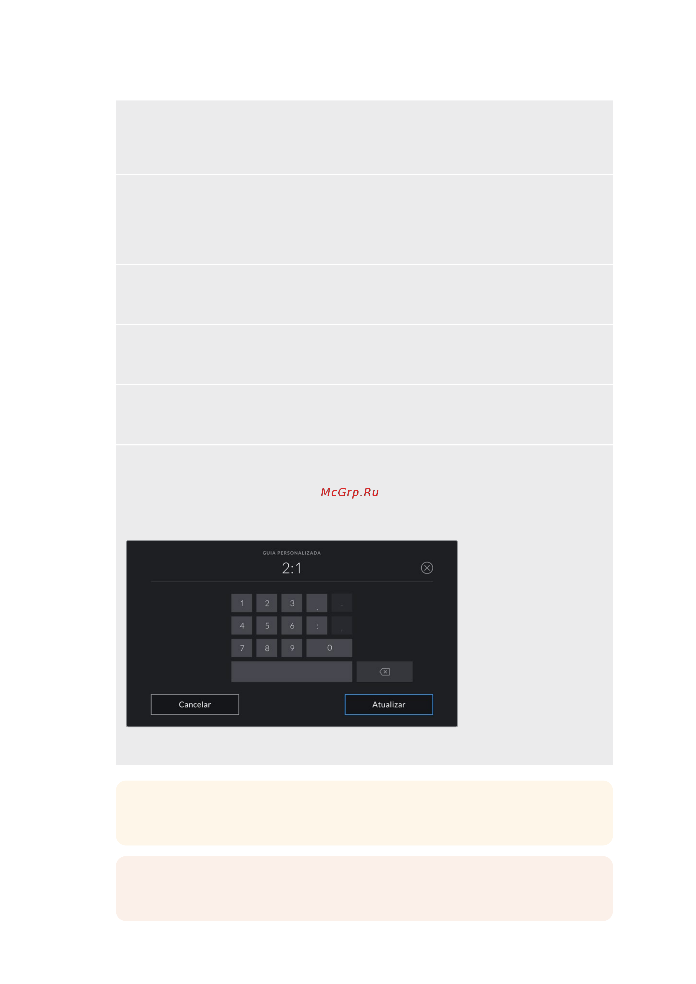 Blackmagic Micro Cinema Camera [1447/1718] Dica é possível alterar a opacidade das sobreposições das guias de enquadramento para mais informações consulte a seção configurações de monitoramento neste manual
