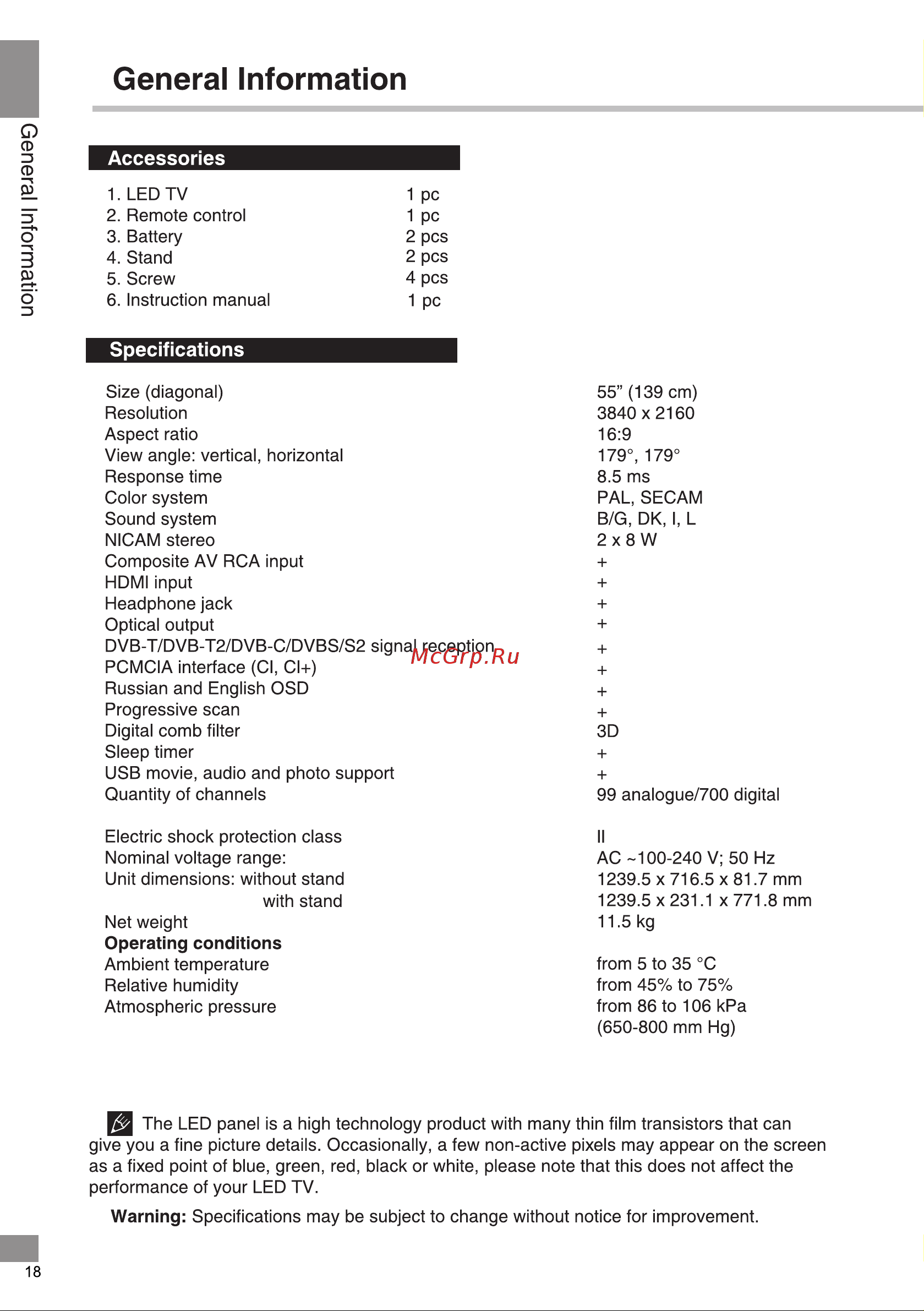 Telefunken TF-LED55S11T2SU [18/44] General information