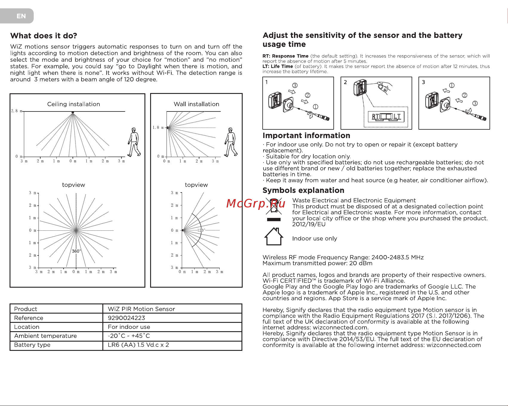 WiZ датчик движения (929002422302) [4/33] Adjust the sensitivity of the sensor and the battery usage time