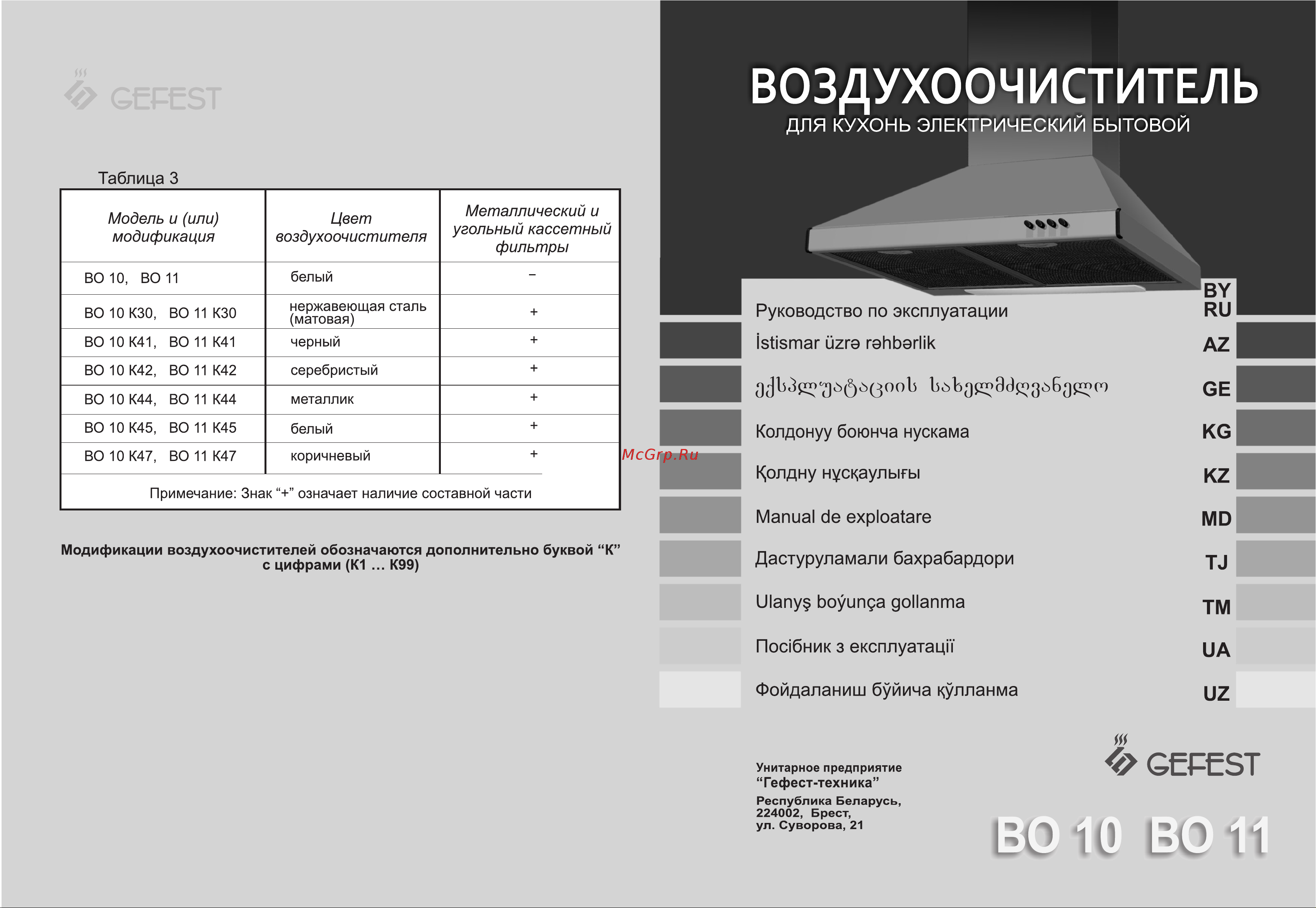 Gefest ВО 10 К47 Инструкция по эксплуатации онлайн