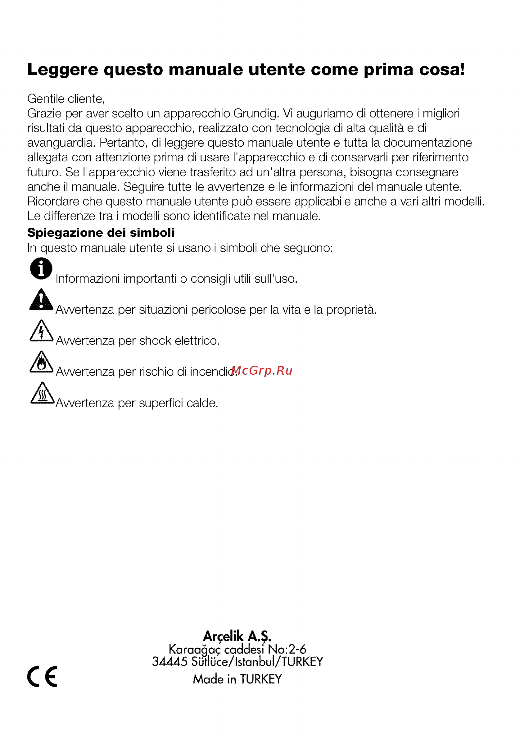 Grundig GIGA 6234260 XE [2/60] Leggere questo manuale utente come prima cosa