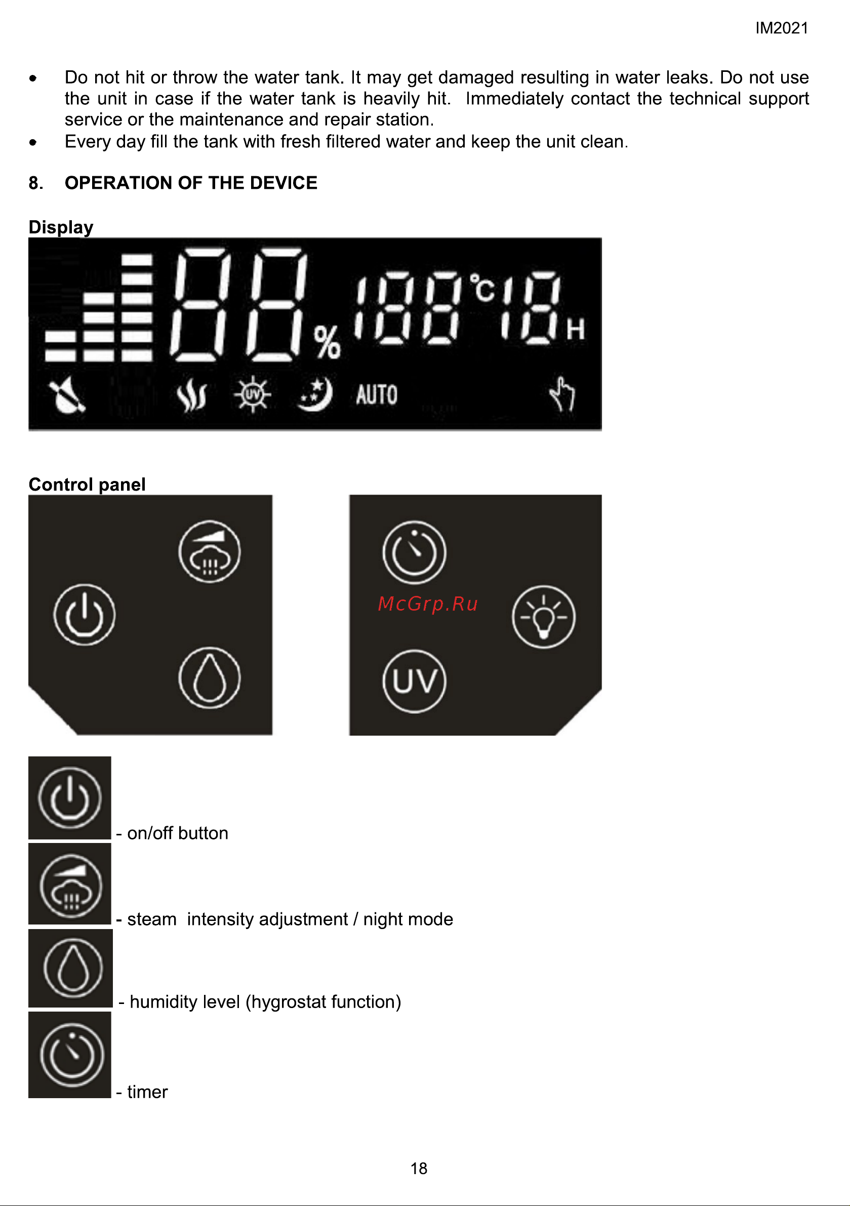 Hyundai H-HU4.3-U11E [18/36] Do not hit or throw the water tank it may get damaged resulting in water leaks do not use the unit in case if the water tank is heavily hit immediately contact the technic...