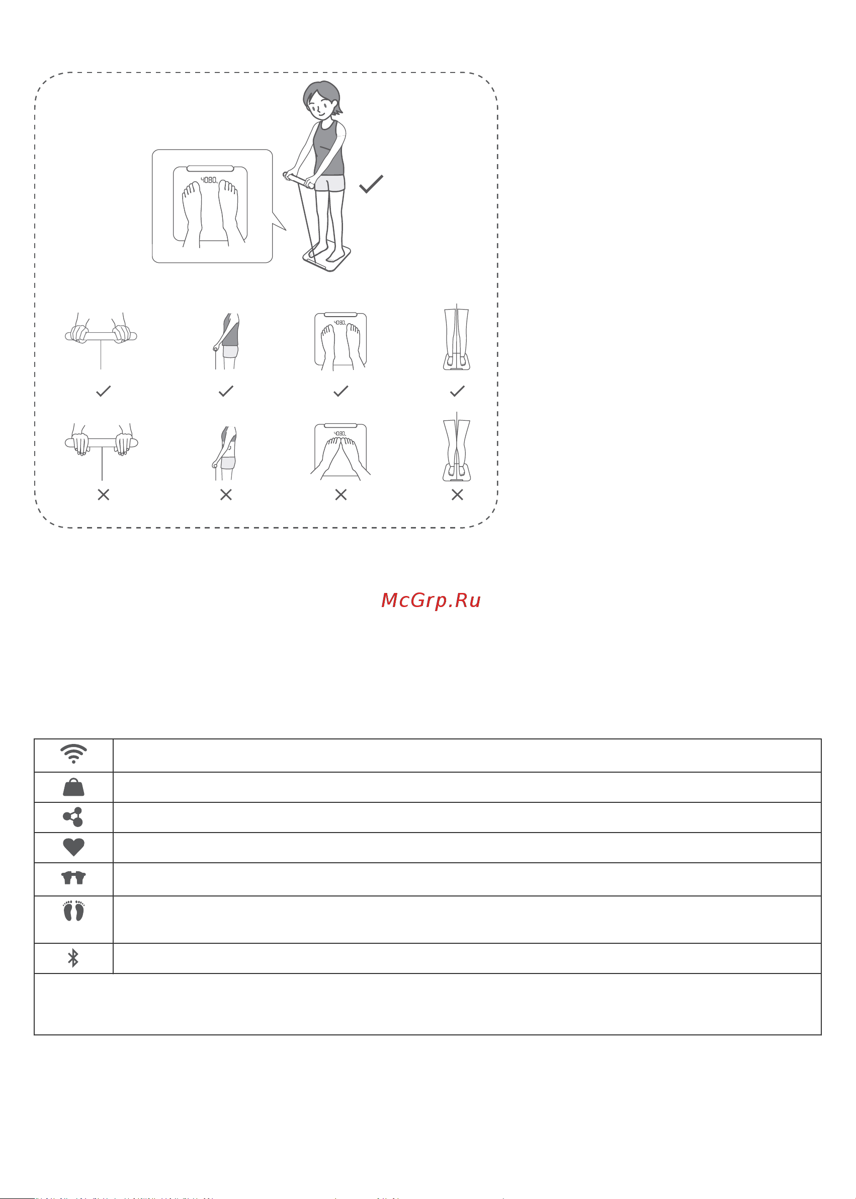 Huawei Scale 3 Pro (HAG-B19) [12/77] Lorsque vous devez mesurer votre rythme cardiaque attendez d être au repos pour le faire placez la balance sur une surface plane et dure pour garantir la précision de la mesure évitez de placer la balance sur des surfaces molles ou inégales un tapis ou de la moquette par exemple pendant la prise de mesure portez des vêtements légers et tenez vous pieds nus sur la balance si possible essayez de procéder à la prise de mesures chaque jour à peu près à la même heure et dans les mêmes circonstances cet appareil est interdit aux personnes sur lesquelles un dispositif médical est implanté stimulateur cardiaque implant cochléaire etc et il ne convient pas aux femmes enceintes lors de votre première utilisation de la balance ou après avoir déplacé cette dernière ignorez les premiers résultats de mesure