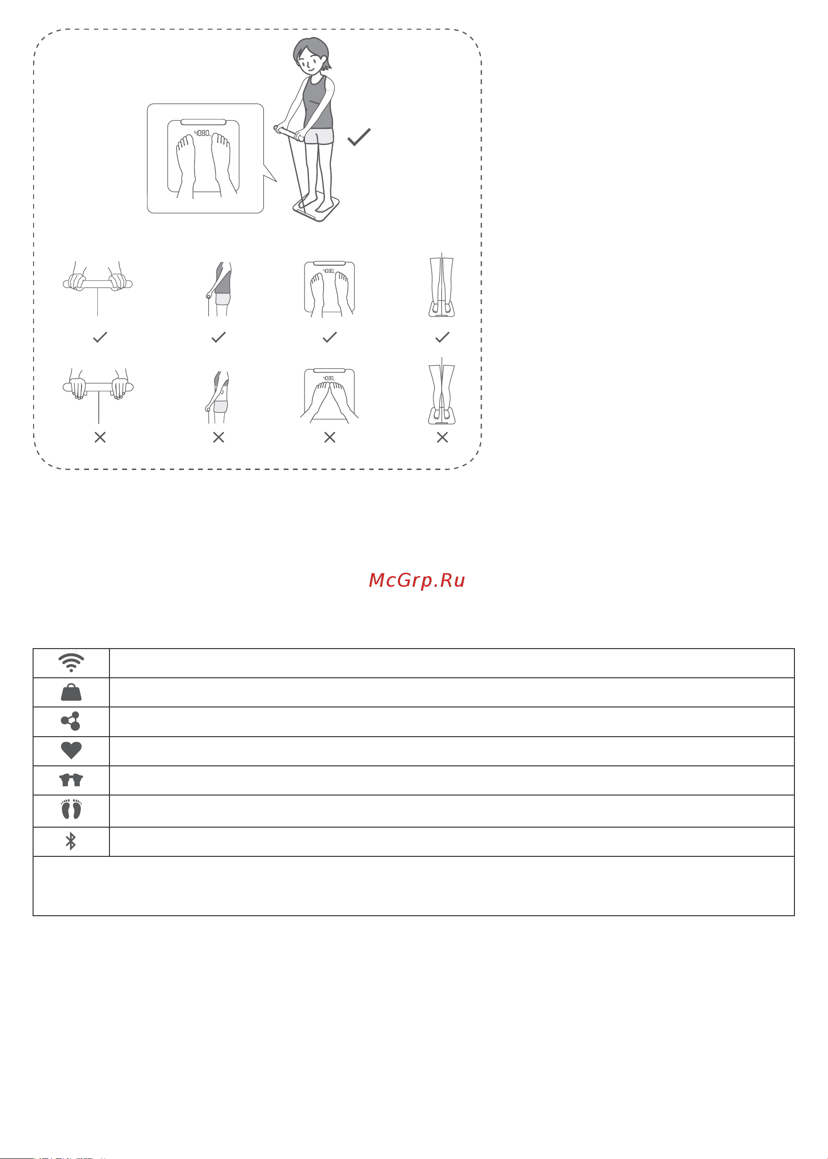 Huawei Scale 3 Pro (HAG-B19) [32/77] 심박수는 휴식 중일 때 측정하시기 바랍니다 측정기는 안정적이고 평평한 표면에 두십시오 측정의 정확도를 유지할 수 있도록 부드럽거나 평평하지 않은 표면 예 매트 또는 카펫 에 측정기를 두지 마십시오 측정 시에는 가벼운 의복을 착용하고 맨발로 측정기 위에 서십시오 가능하다면 매일 같은 시간 같은 조건에서 측정하시기 바랍니다 이 장치는 심박 조율기 또는 인공 달팽이관과 같은 체내 삽입형 의료 기기를 사용 중인 개인에게 금지되어 있으며 임산부에게는 적합하지 않습니다 측정기를 최초로 사용할 때 또는 측정기 위치를 옮긴 직후 처음 측정한 결과는 무시하십시오