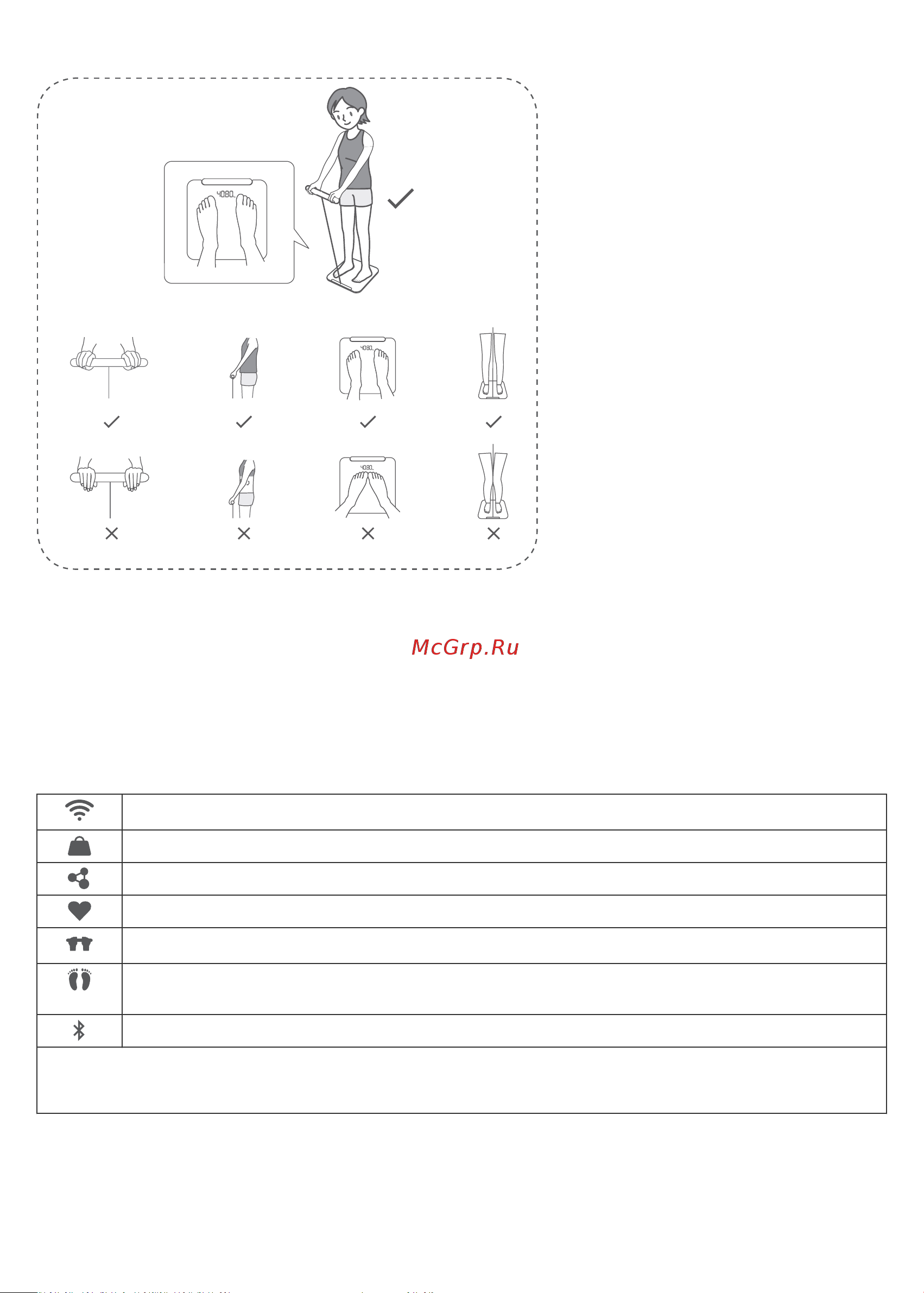 Huawei Scale 3 Pro (HAG-B19) [8/77] Lorsque vous mesurez votre fréquence cardiaque veuillez le faire pendant que vous vous reposez placez la balance sur une surface plane et solide pour assurer la précision de la mesure évitez de placer la balance sur des surfaces meubles ou inégales telles que des nattes ou des tapis lors de la prise de mesure portez des vêtements légers et tenez vous pieds nus sur la balance si possible essayez de vous peser chaque jour à peu près à la même heure et dans les mêmes circonstances l utilisation de ce périphérique est interdite pour les personnes porteuses d un dispositif médical implanté tel qu un stimulateur cardiaque ou un implant cochléaire et ne convient pas pour les femmes enceintes ignorez le résultat lorsque vous vous pesez pour la toute première fois ou juste après avoir déplacé la balance