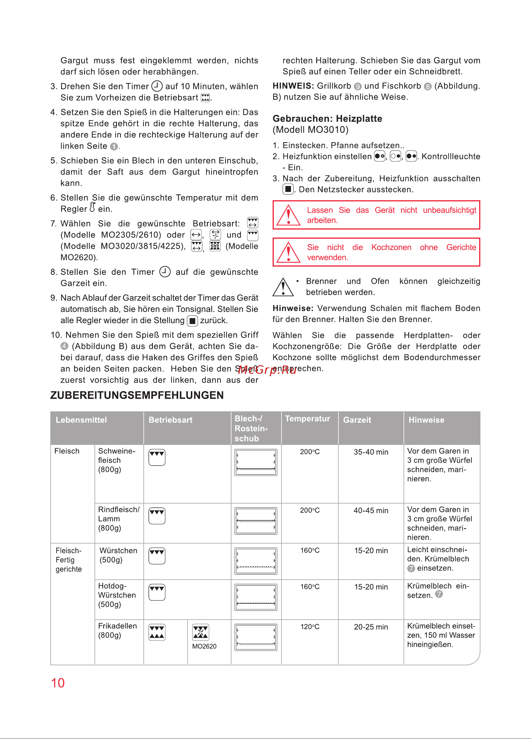 Oursson MO3010/DC [10/88] Zubereitungsempfehlungen