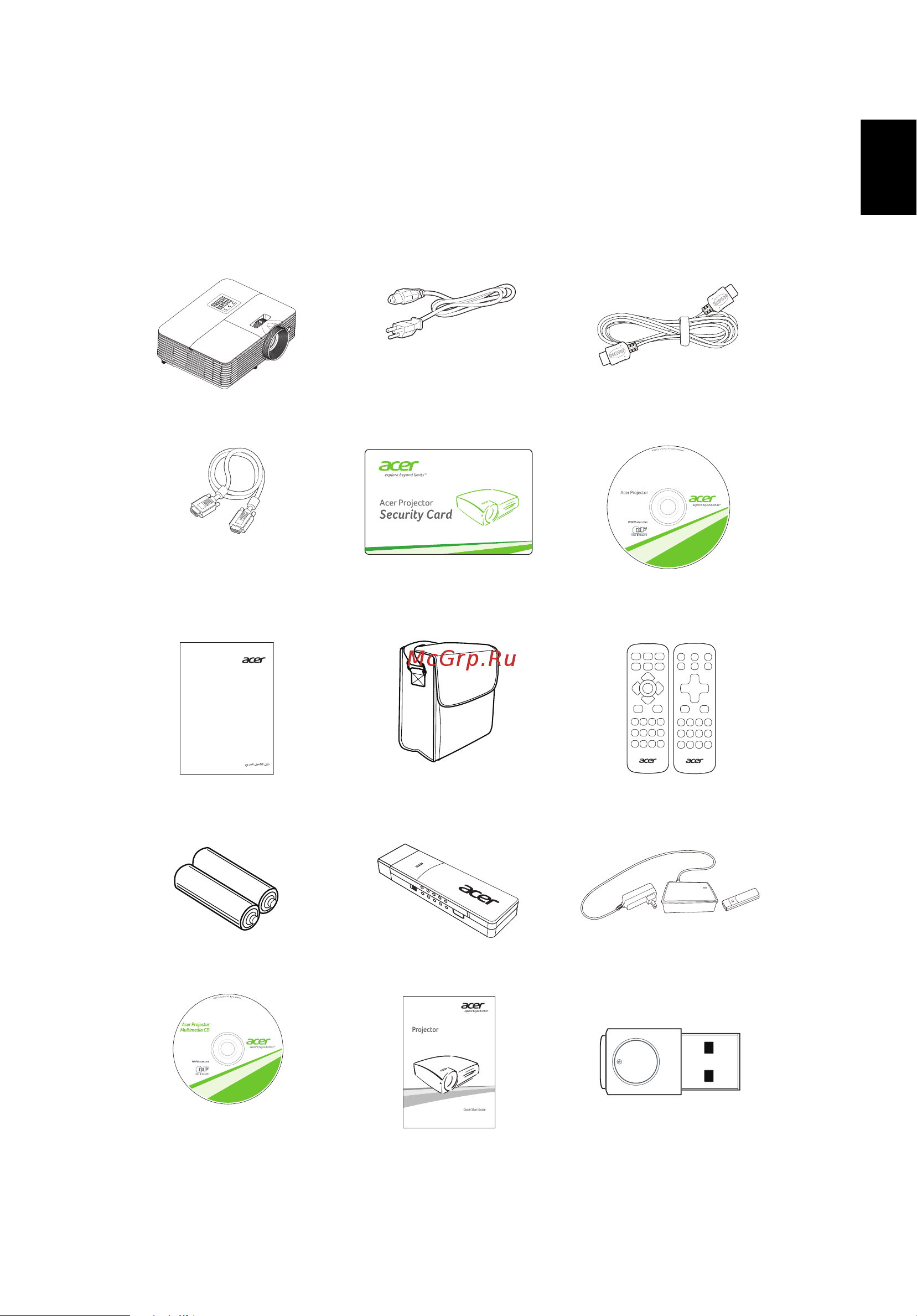 Acer H5385BDi (MR.JSD11.001) [13/93] Данный проектор поставляется в комплекте со всеми указанными ниже компонентами проверьте наличие всех компонентов входящих в комплект поставки немедленно обратитесь к продавцу в случае отсутствия какого либо из компонентов