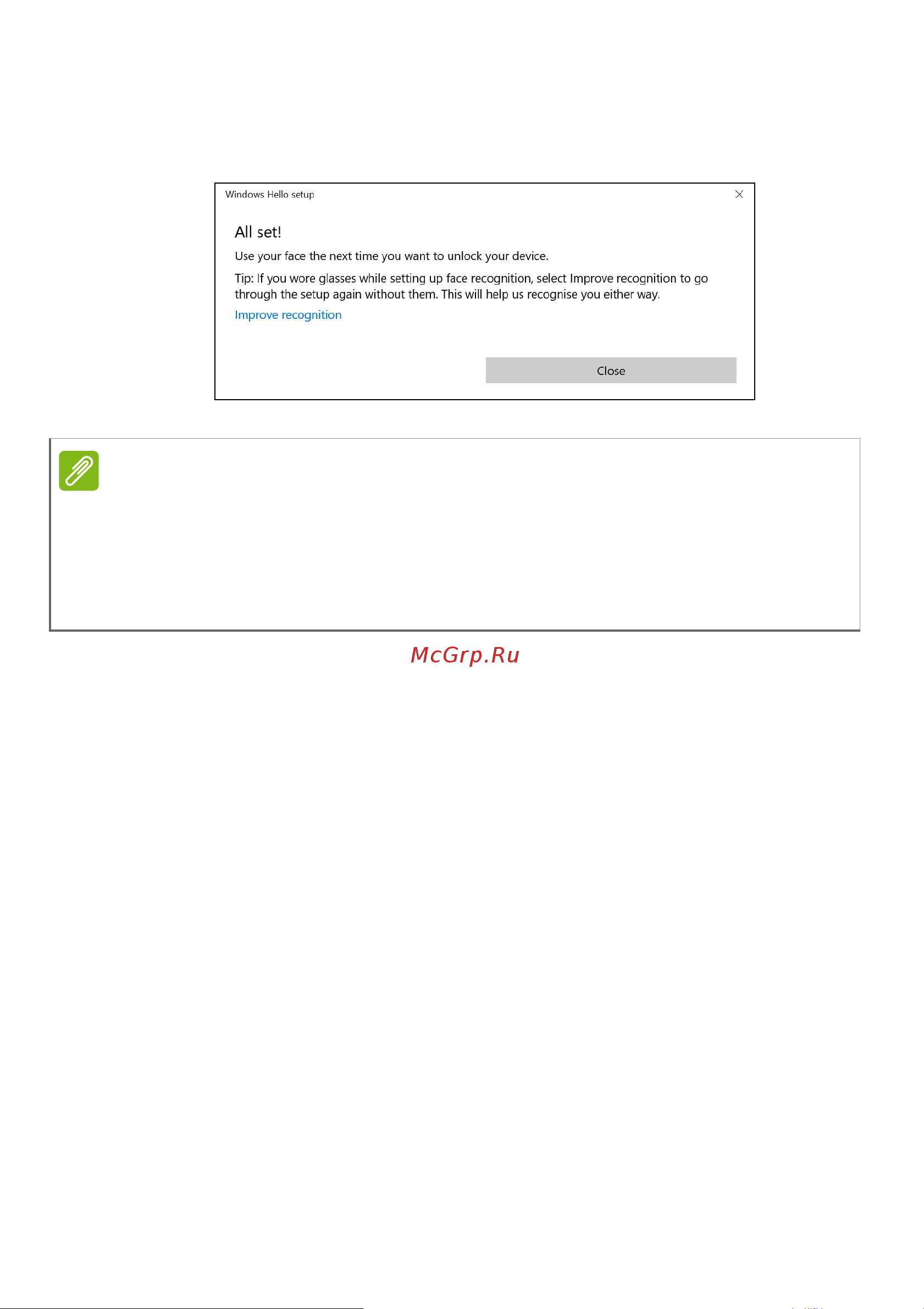 Acer TravelMate P2 TMP215-41-R9SH NX.VRHER.005 [68/113] После настройки параметров функции распознавания лиц вы сможете входить в свой компьютер или разблокировать его после удостоверения вашей личности по лицу