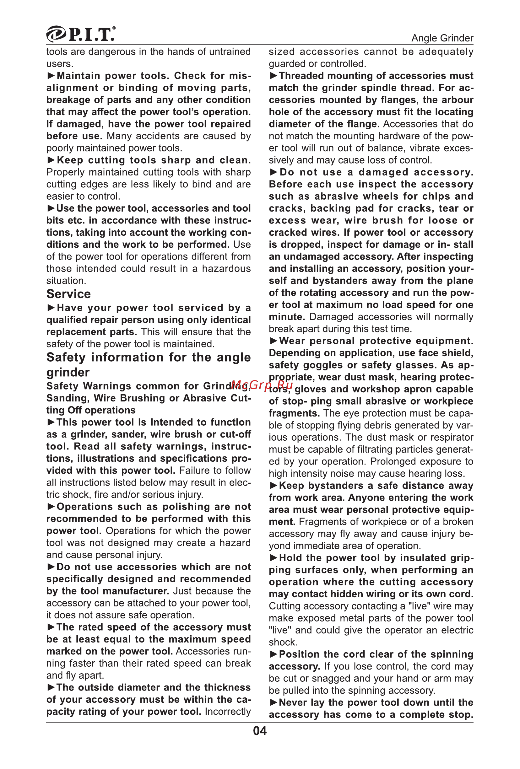 P.I.T. PWS125-C7 МАСТЕР [5/27] Safety information for the angle grinder