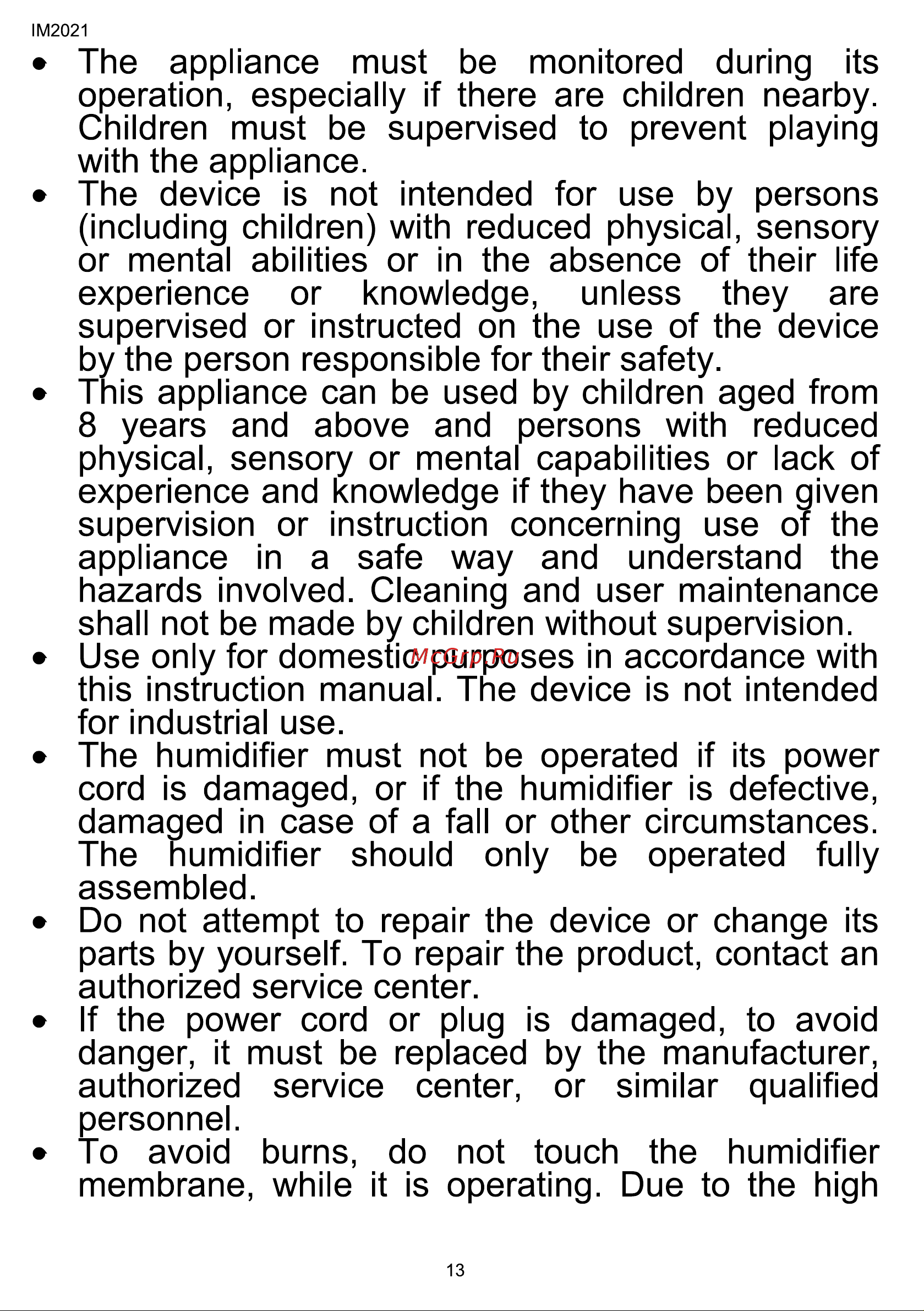 Timberk T-HU2.6-A10M-W [13/44] The appliance must be monitored during its operation especially if there are children nearby children must be supervised to prevent playing with the appliance