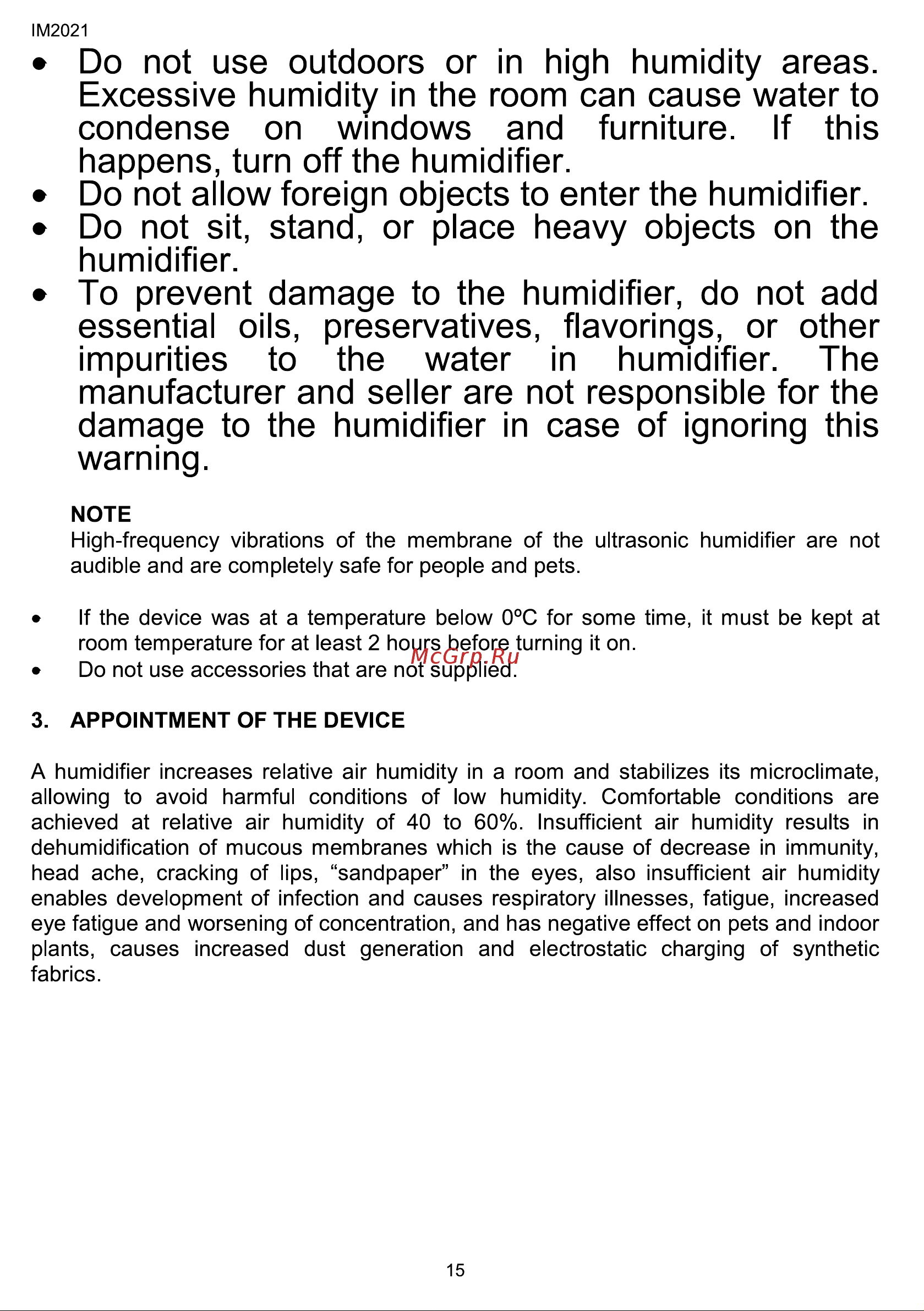 Timberk T-HU2.6-A10M-W [15/44] Do not use outdoors or in high humidity areas excessive humidity in the room can cause water to condense on windows and furniture if this happens turn off the humidifier