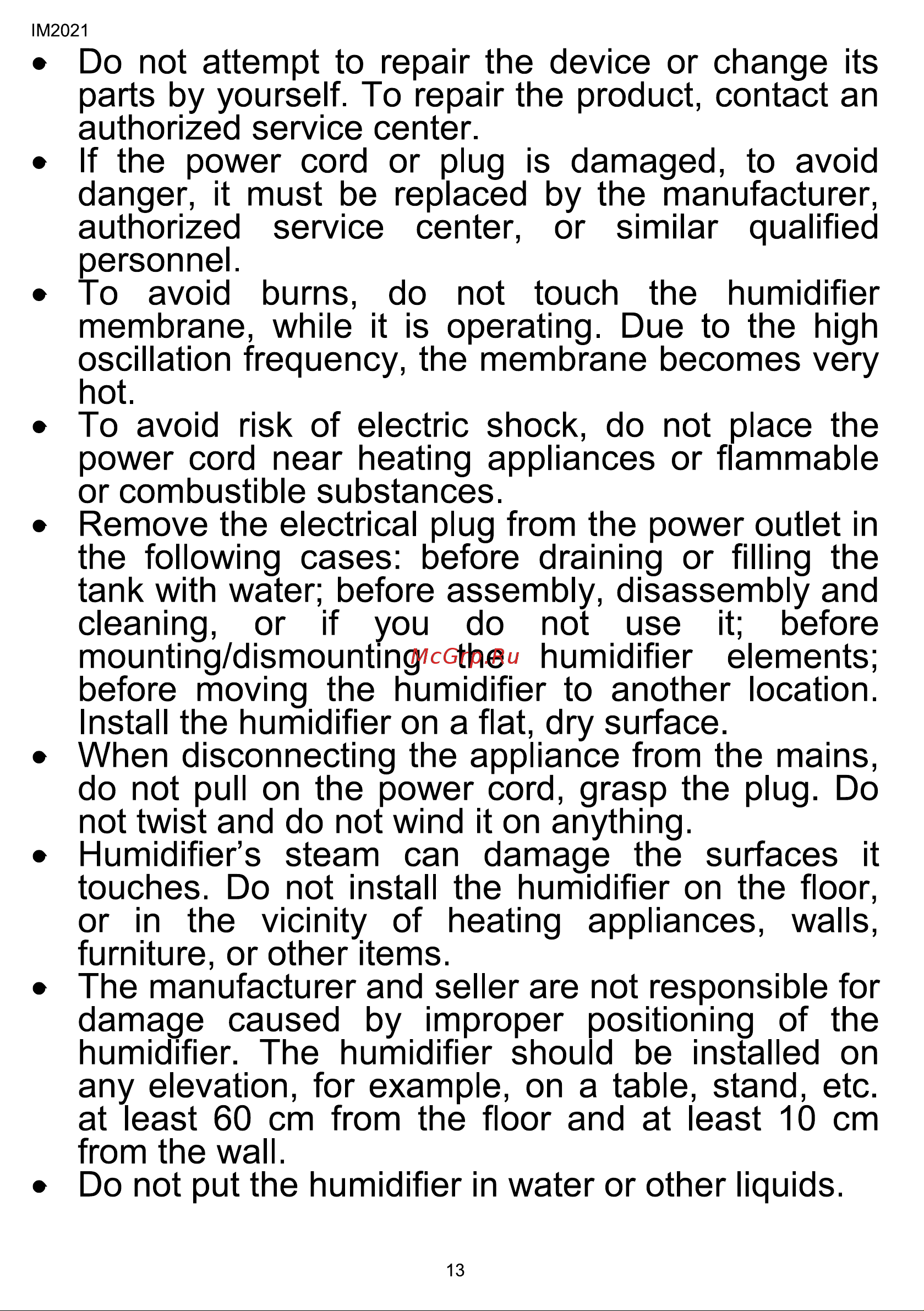 Timberk T-HU3.4-A11M-SV [13/40] Do not attempt to repair the device or change its parts by yourself to repair the product contact an authorized service center