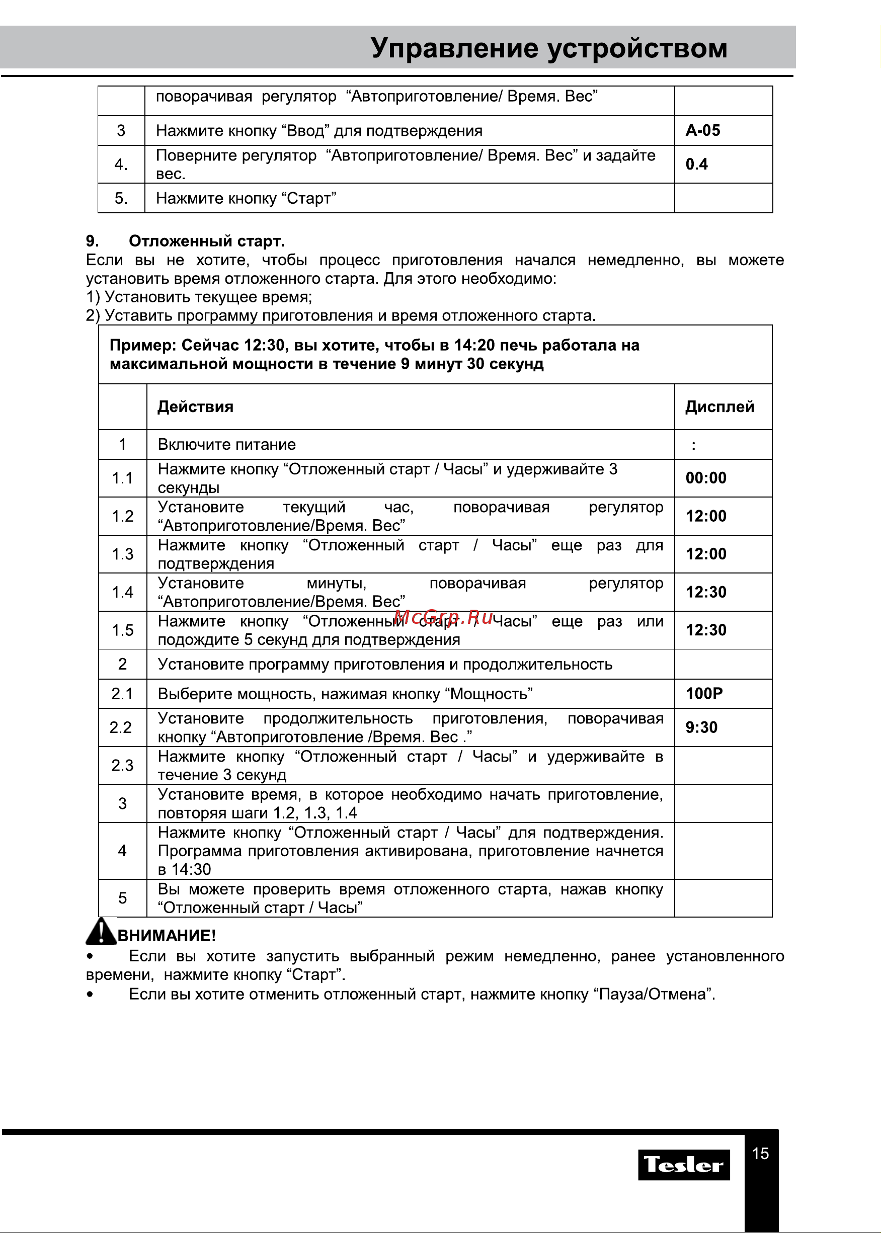 Tesler ME-2055 ORANGE [15/20] Управление устройством