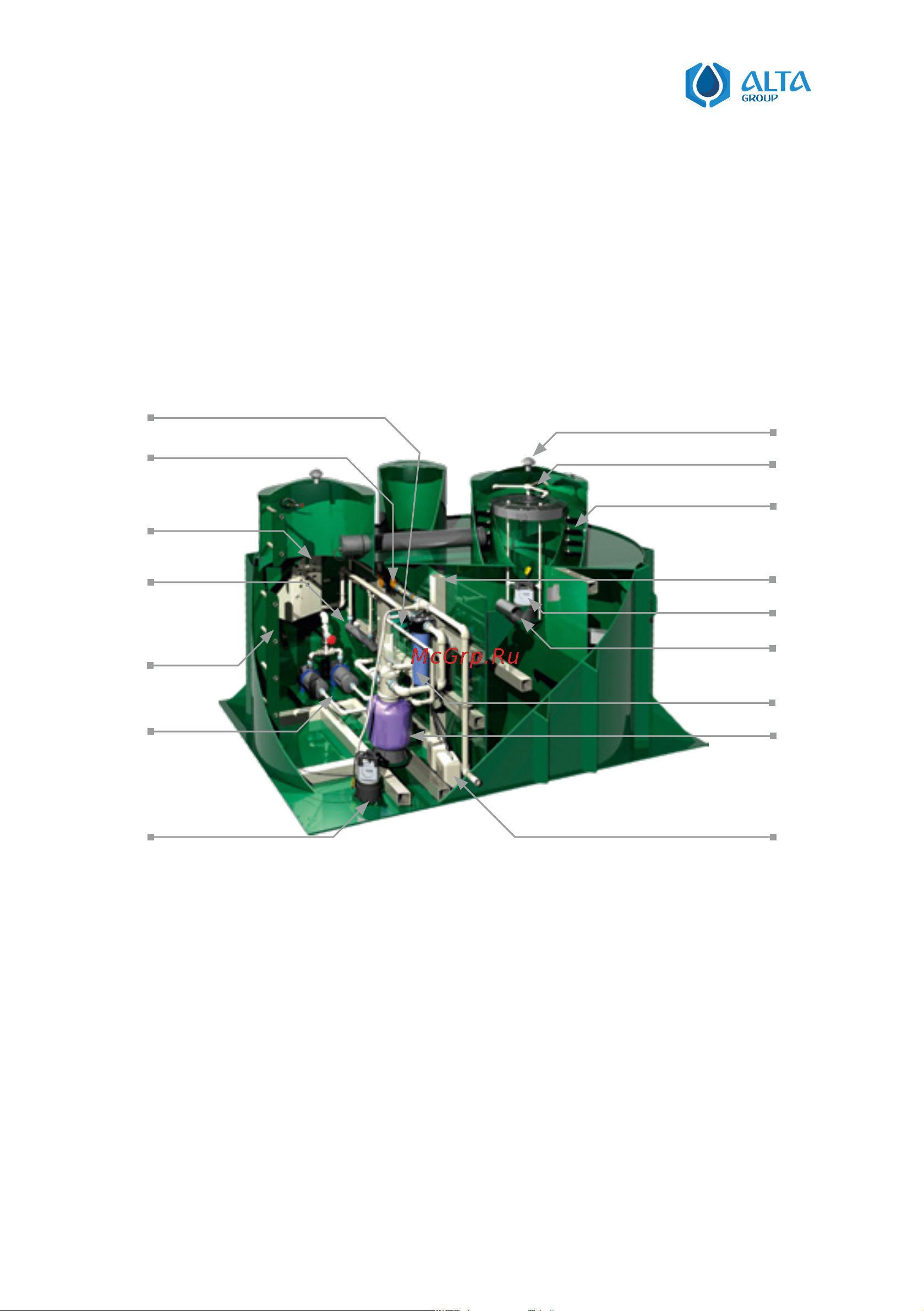 Alta Bio 5+ [16/64] В станциях alta bio 7 uv и 10 uv интегрирован блок уф обеззараживания для обеззара живания очищенной воды и обеспечения возможности утилизации воды непосредственно в водоем в том числе рыбохозяйственного назначения очищенная вода после биофильтра поступает в систему фильтрации которая состоит из ме ханического фильтра тонкой очистки и напорного сорбционного фильтра со специальной загрузкой alta sorbent далее вода поступает для обеззараживания с помощью уф лампы в системе фильтрации блока происходит окончательная доочистка воды до требуемых зна чений концентрации взвешенных веществ в ней соответствующих требованиям к сбросу в водоемы рыбохозяйственного назначения в систему фильтрации вода подается насосами организованными в группу основной и резервный на напорном сорбционном фильтре рас положен шестиходовой вентиль для промывки фильтрующей загрузки время промывки определяется значениями на манометре