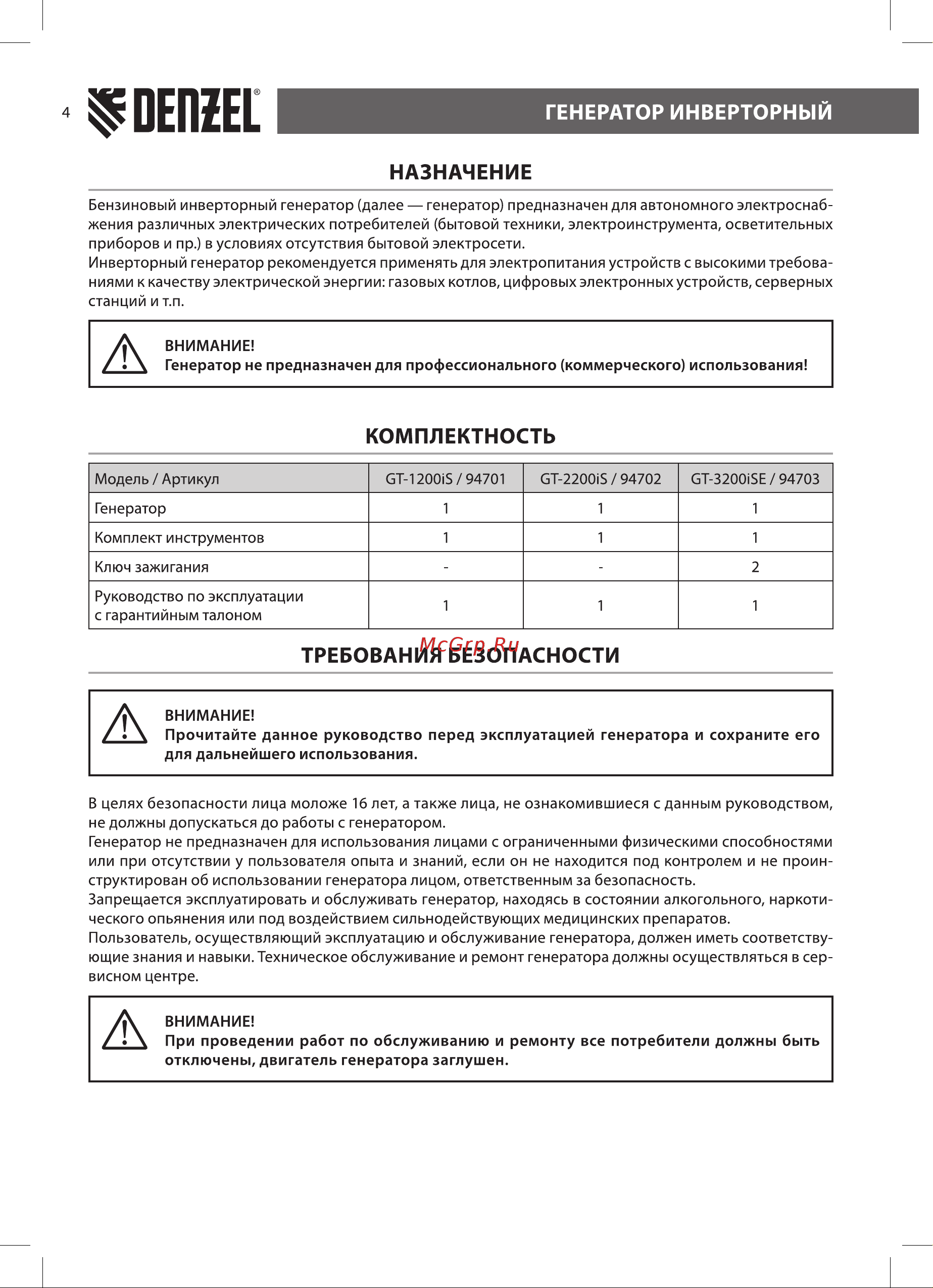 Denzel GT-2200iS 2,2 кВт, 230 В, бак 4 л 94702 [4/28] Комплектность
