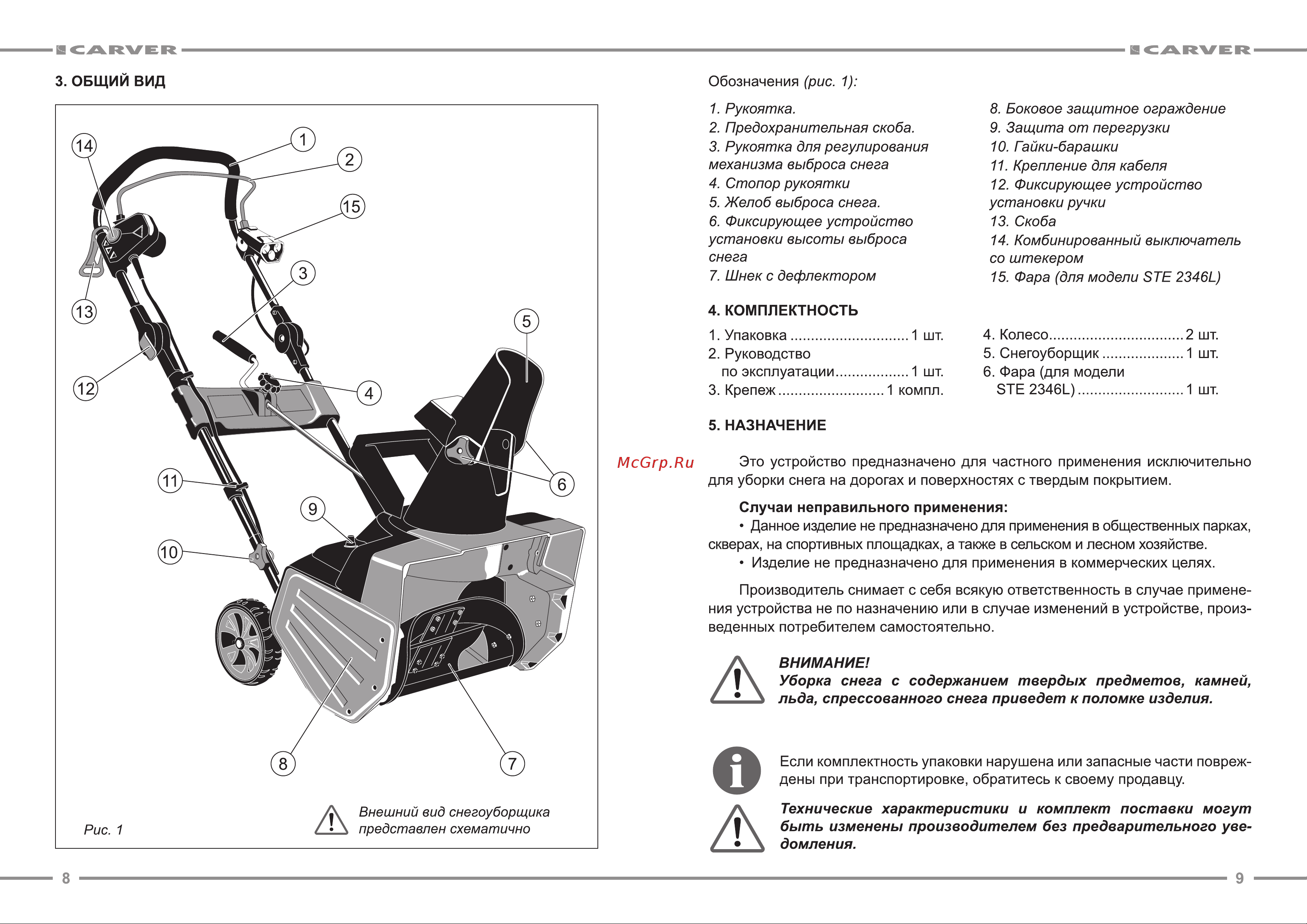 Carver STE 2346L 01.017.00011 [5/9] Льда спрессованного снега приведет к поломке изделия