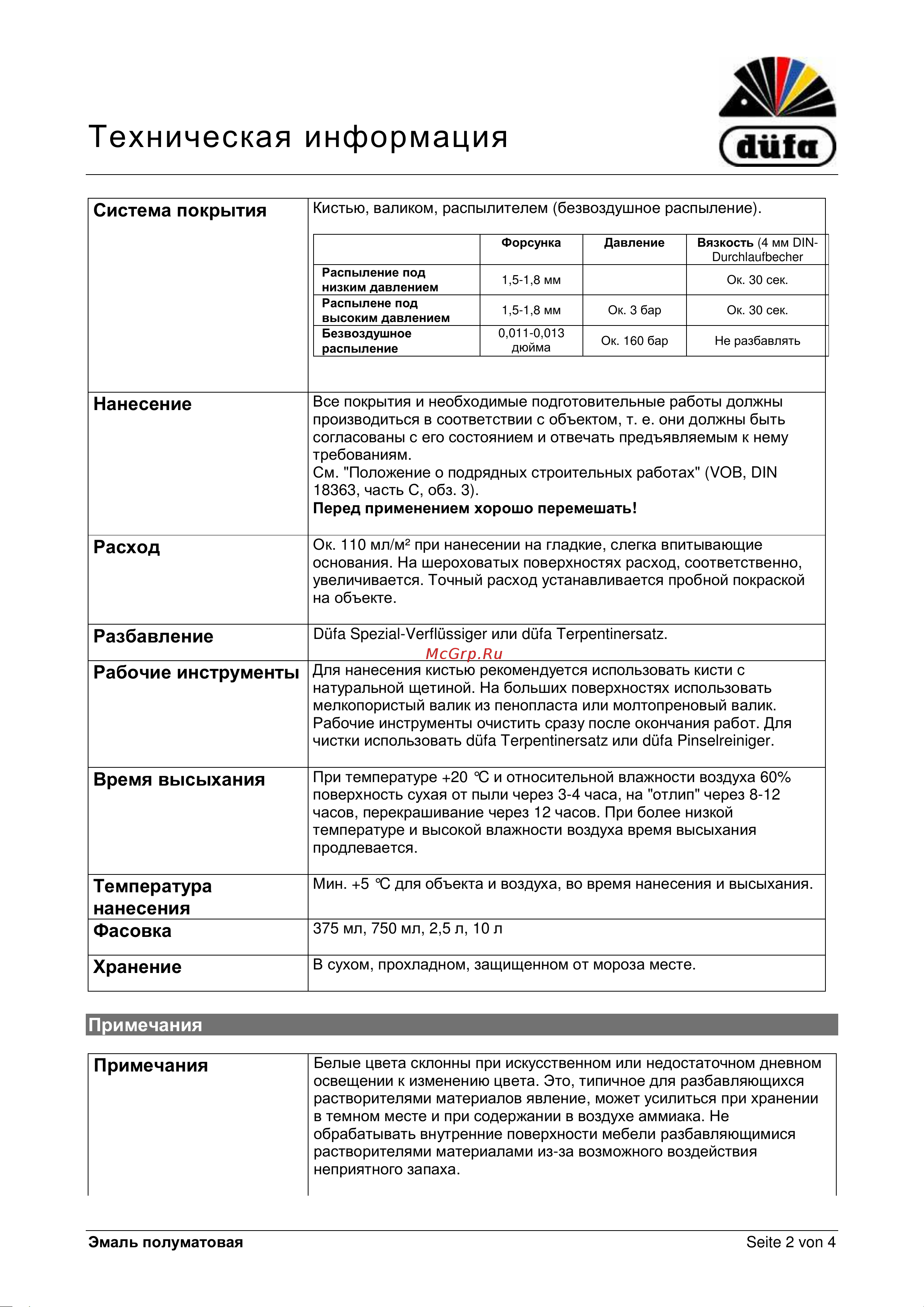 DUFA Seidenmattlack белая 0,75 л [2/4] Техническая информация düfa
