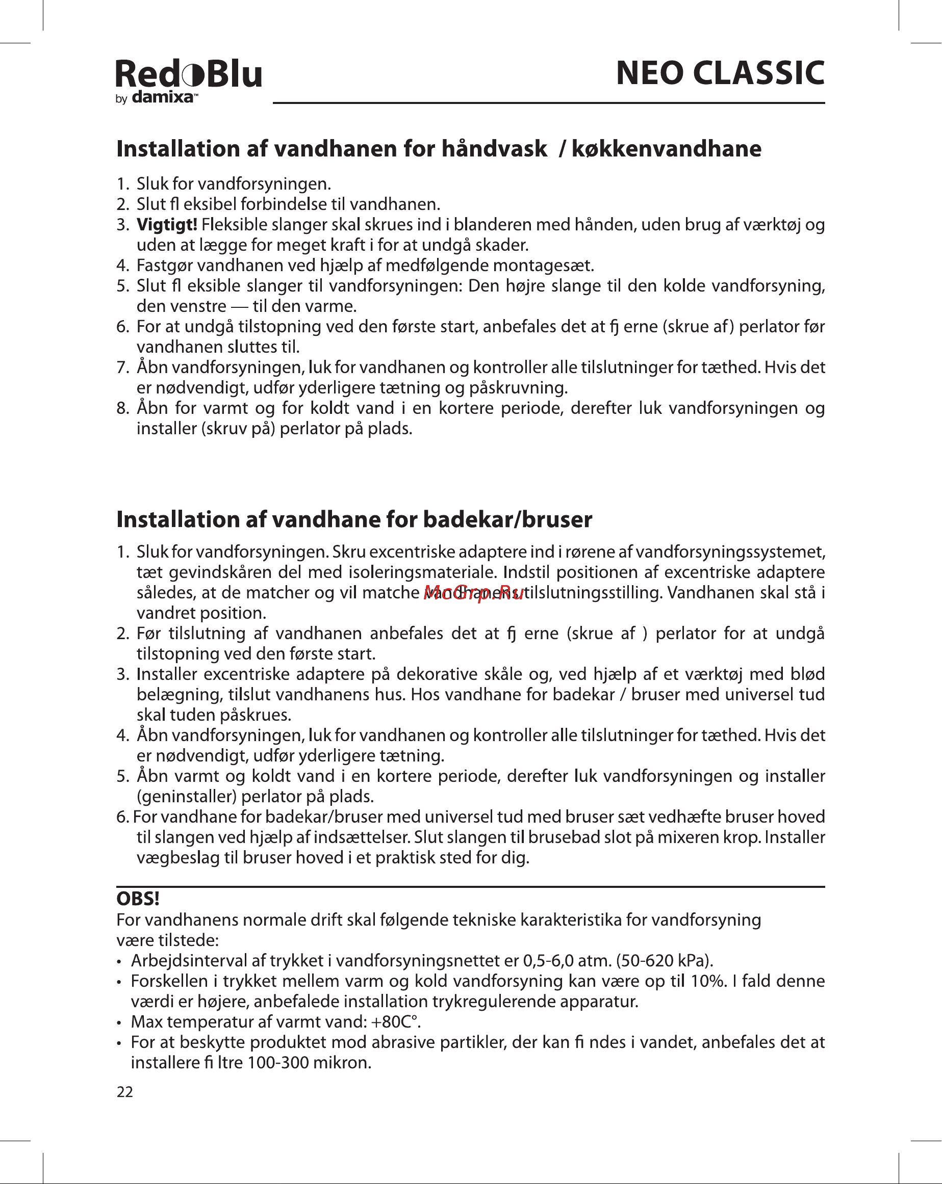 Damixa Neo Classic 280000000 никель [22/24] Installation af vandhanen for handvask kokkenvandhane