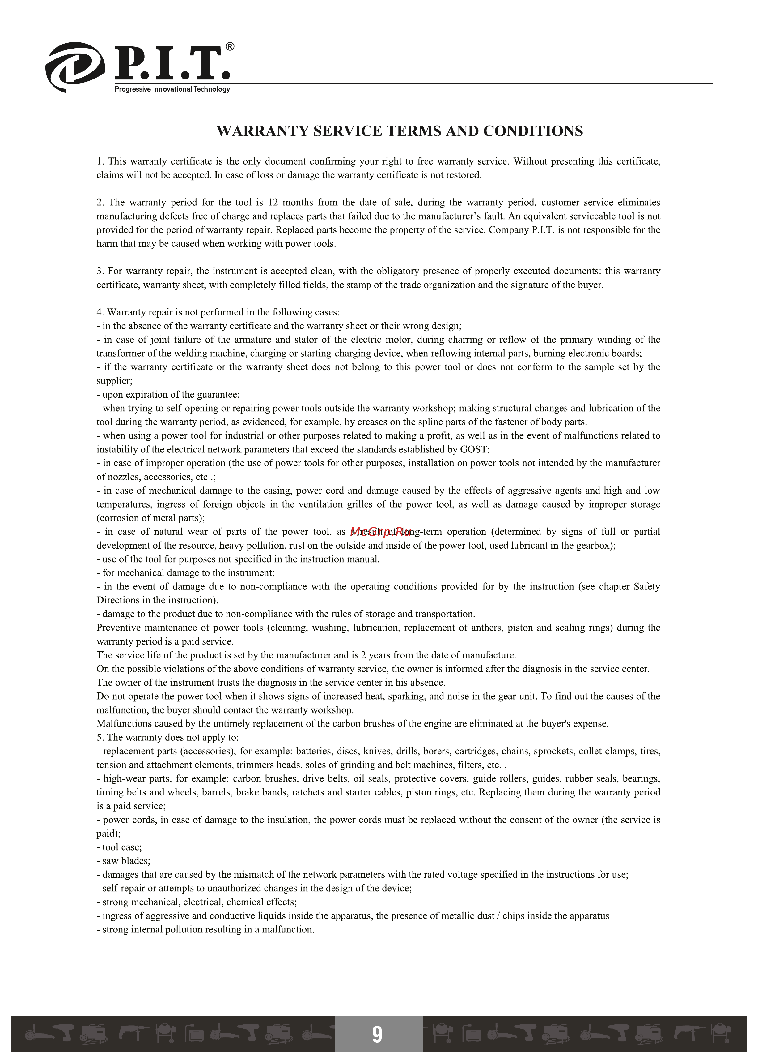 P.I.T. P75103 Мастер [10/26] Warranty service terms and conditions