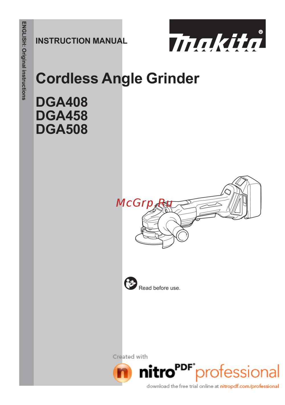 Makita DGA508Z без акк. и з.у Инструкция по эксплуатации