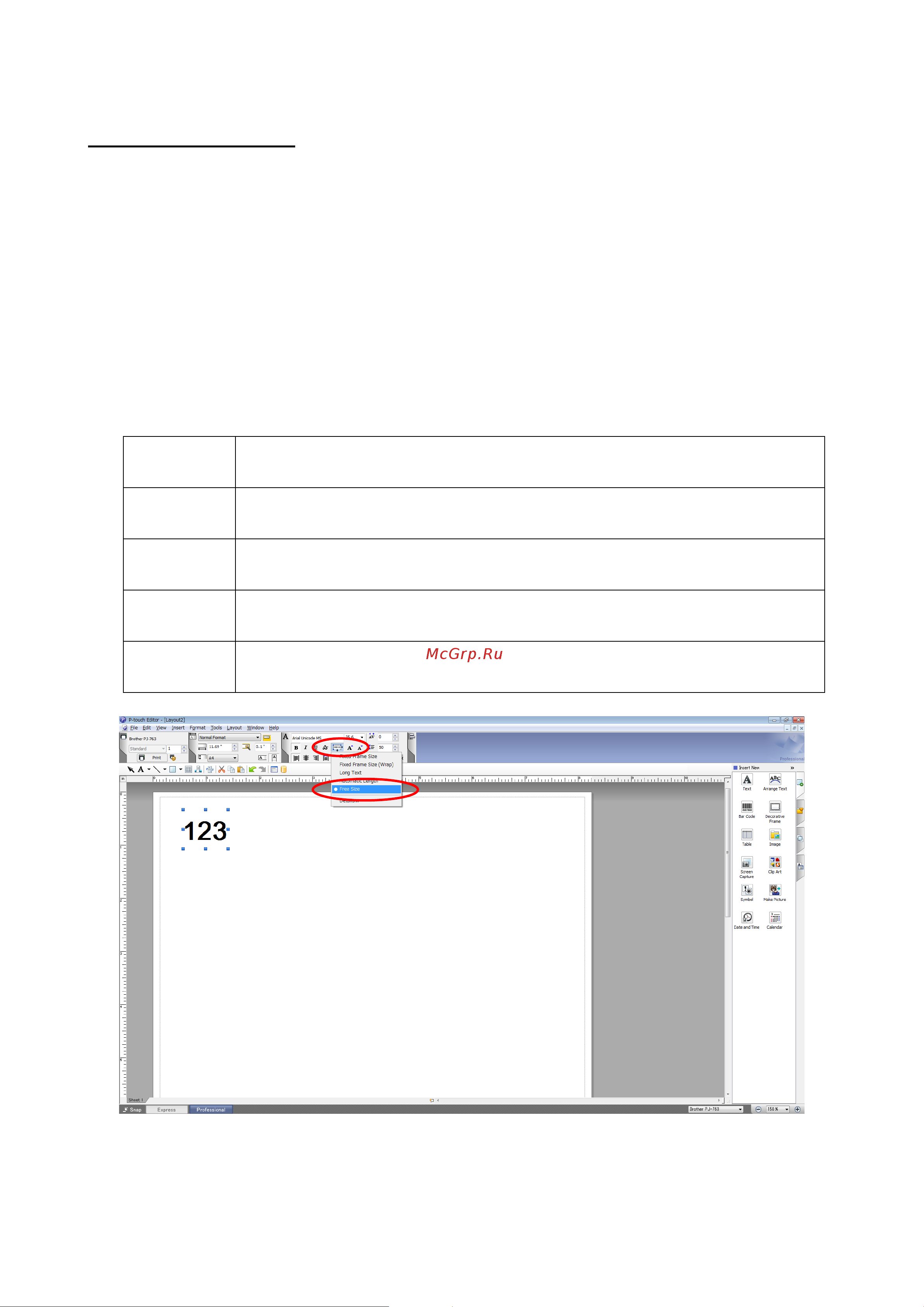 Brother PJ-723 [26/98] Text layout settings