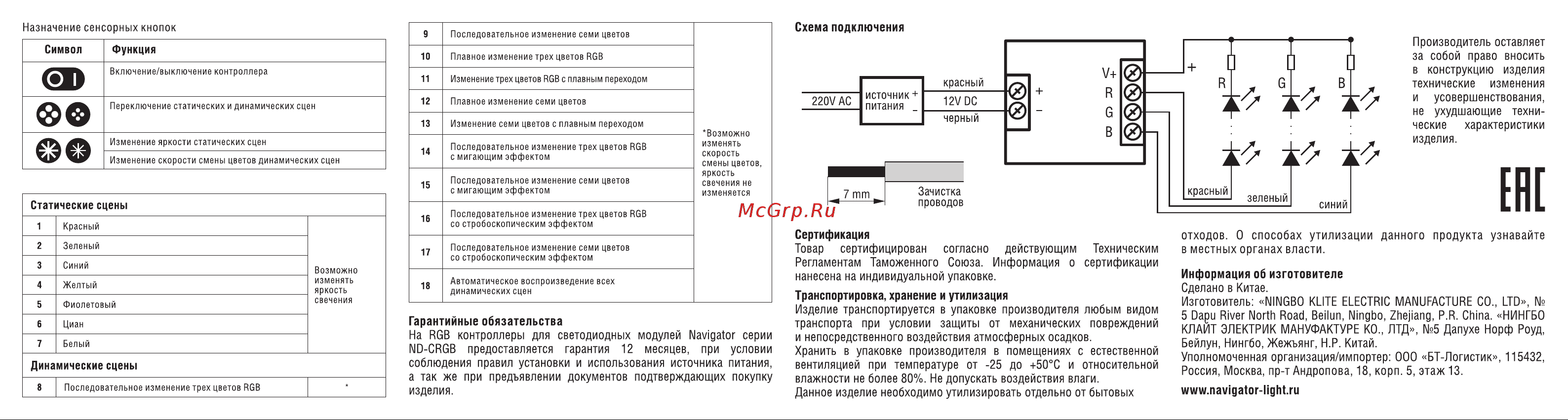 Navigator ND-CRGB360SENSOR-IP20-12V 71493 Инструкция по эксплуатации онлайн [2/2] 816489