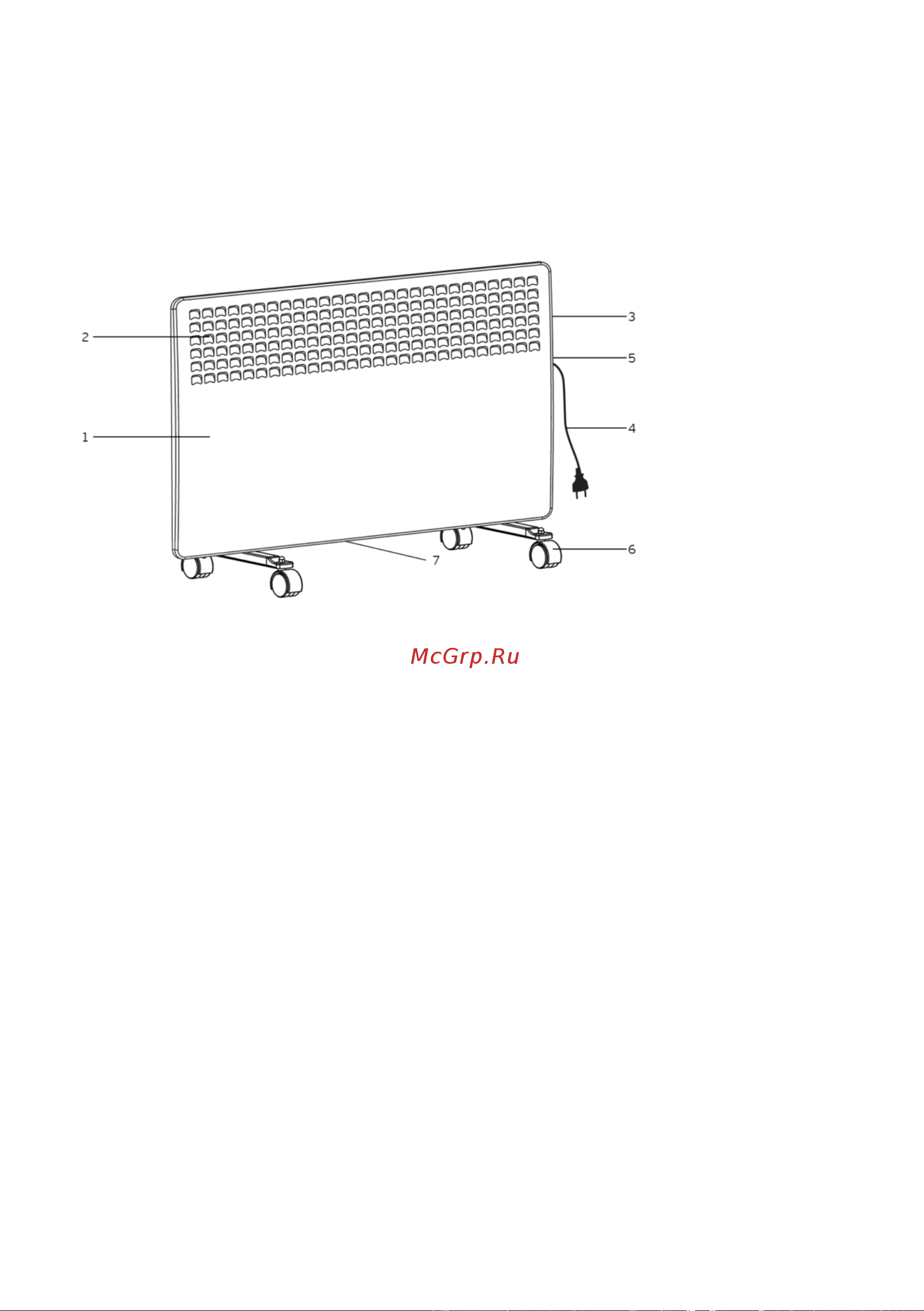 Timberk T-EC1000-S2M [15/28] Front panel 2 warm air outlet 3 control panel 4 power cord with a plug 5 back panel 6 supporting feet with wheels 7 cold water inlet