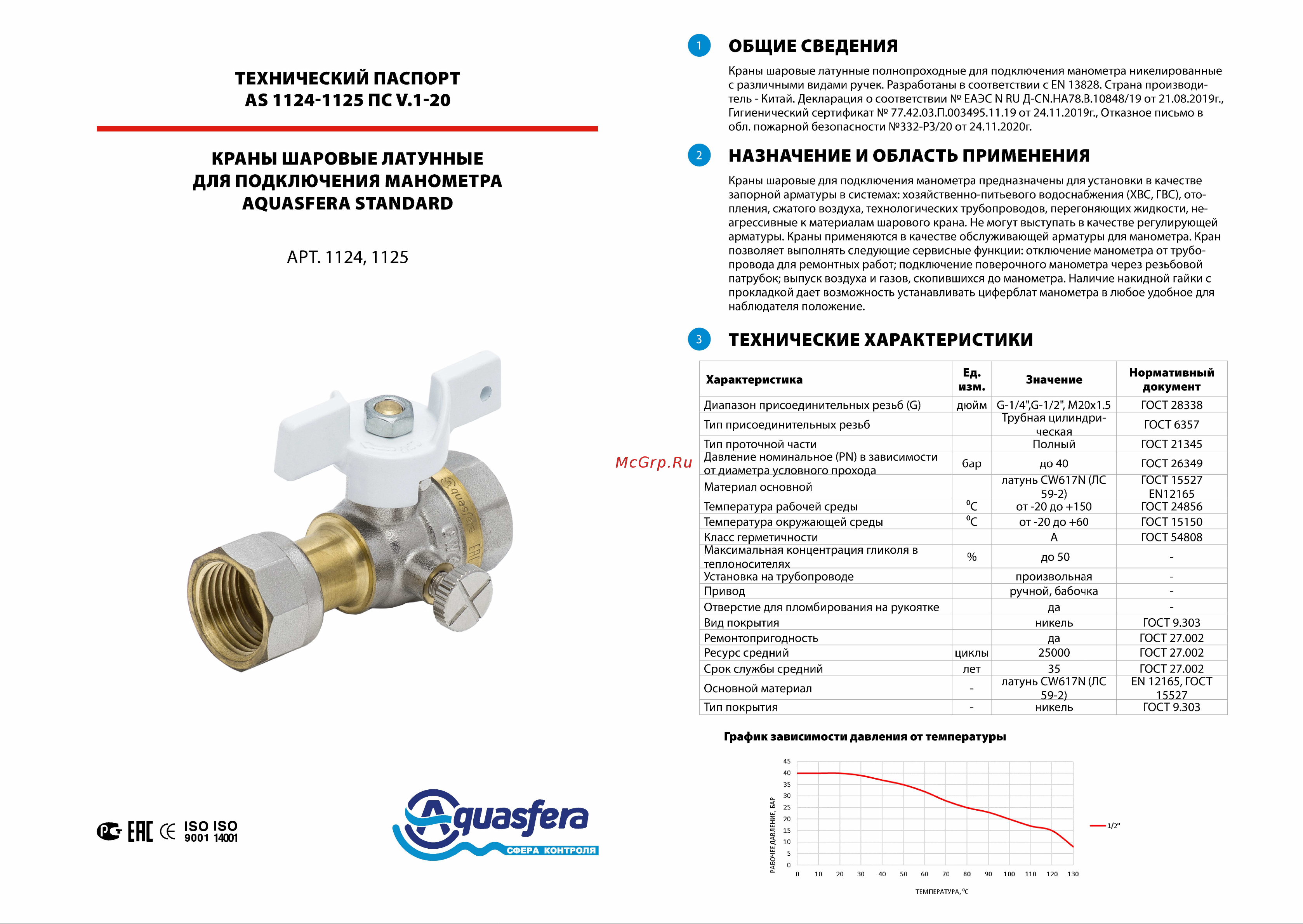 Aquasfera 1125-01 трехходовой латунный Инструкция по эксплуатации онлайн