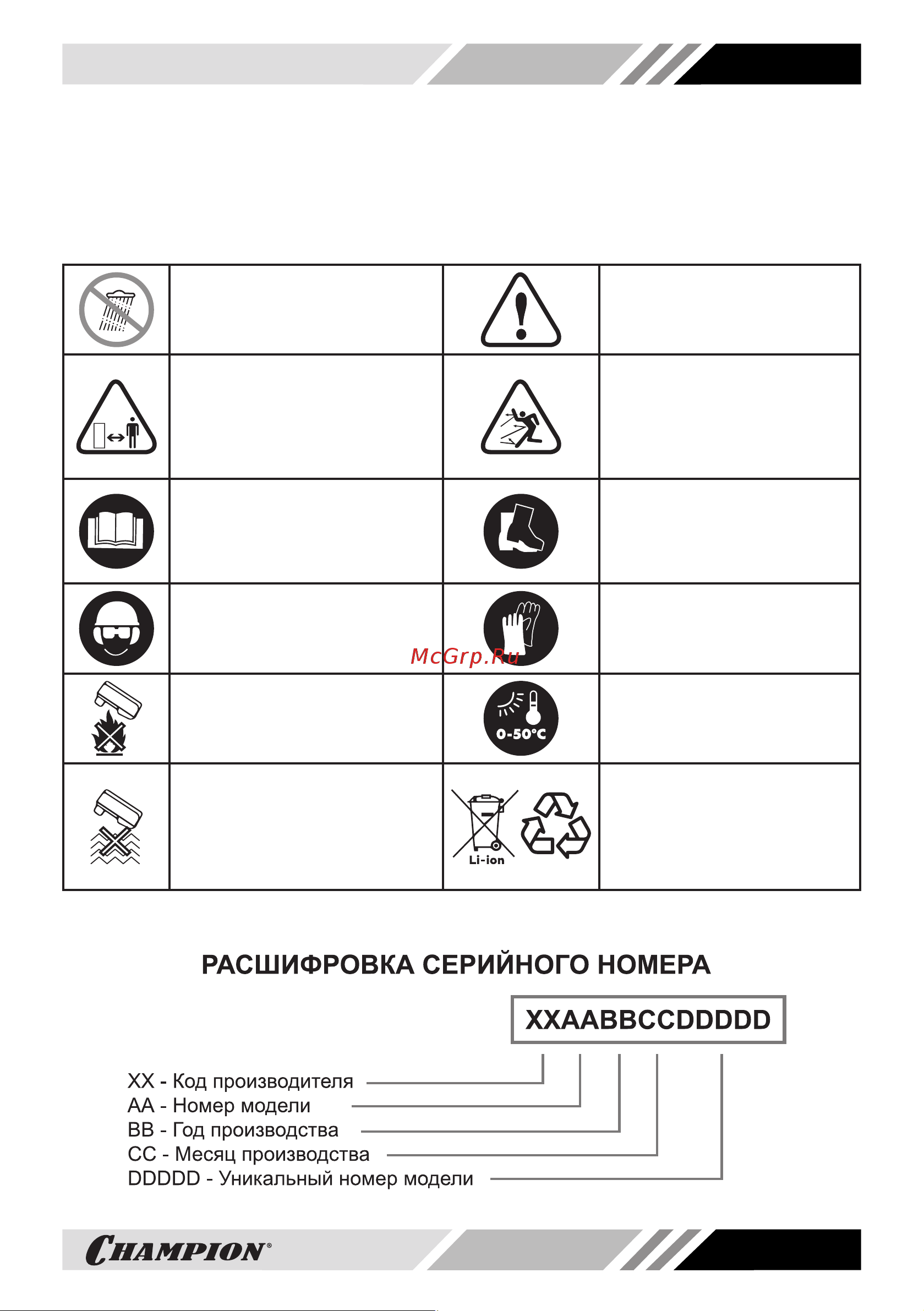Champion TB1811 18 В, 2 А*ч TB1821 [5/24] Знаки безопасности управления