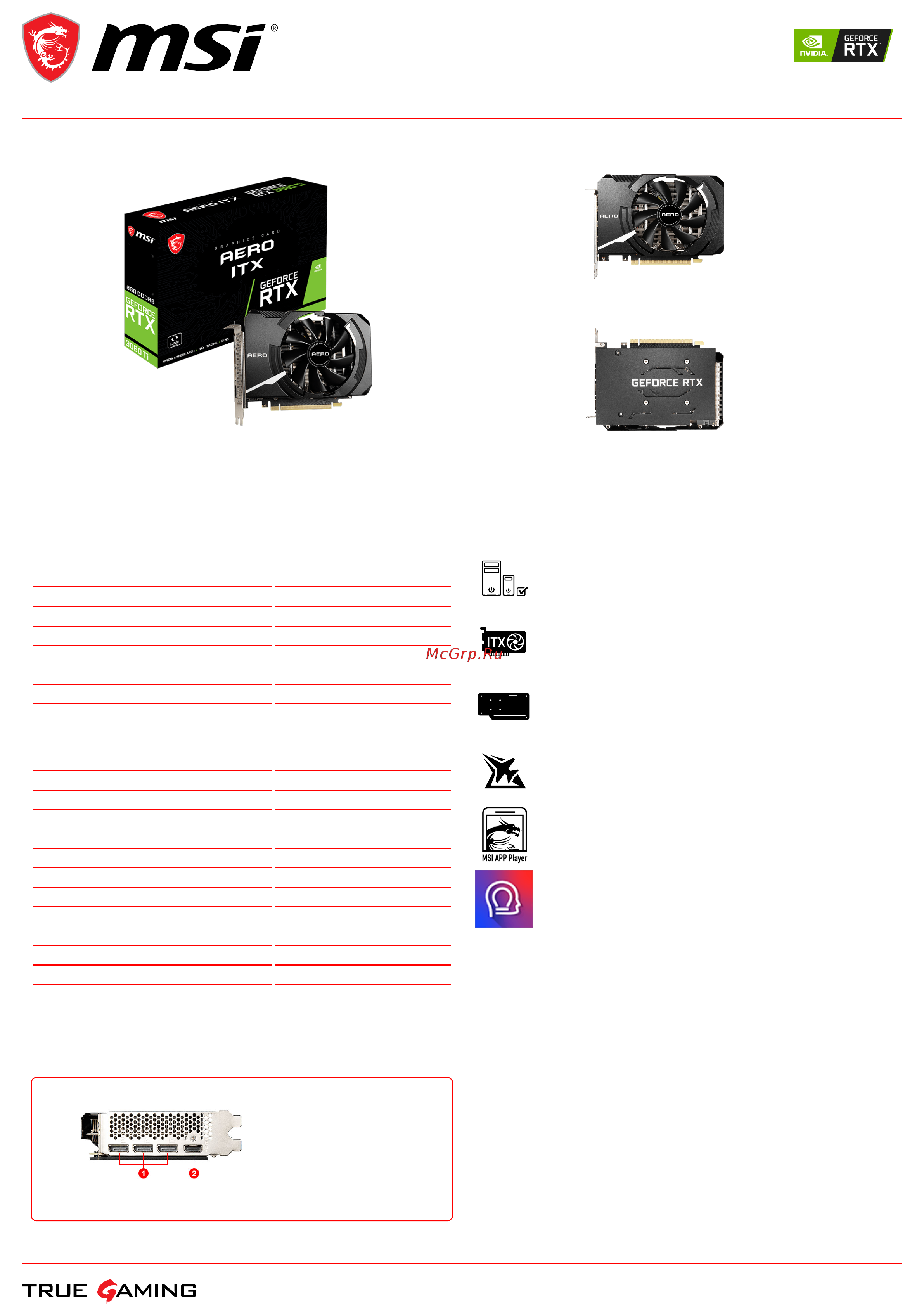 MSI GeForce RTX 3060 Ti AERO ITX 8G LHR Спецификация онлайн