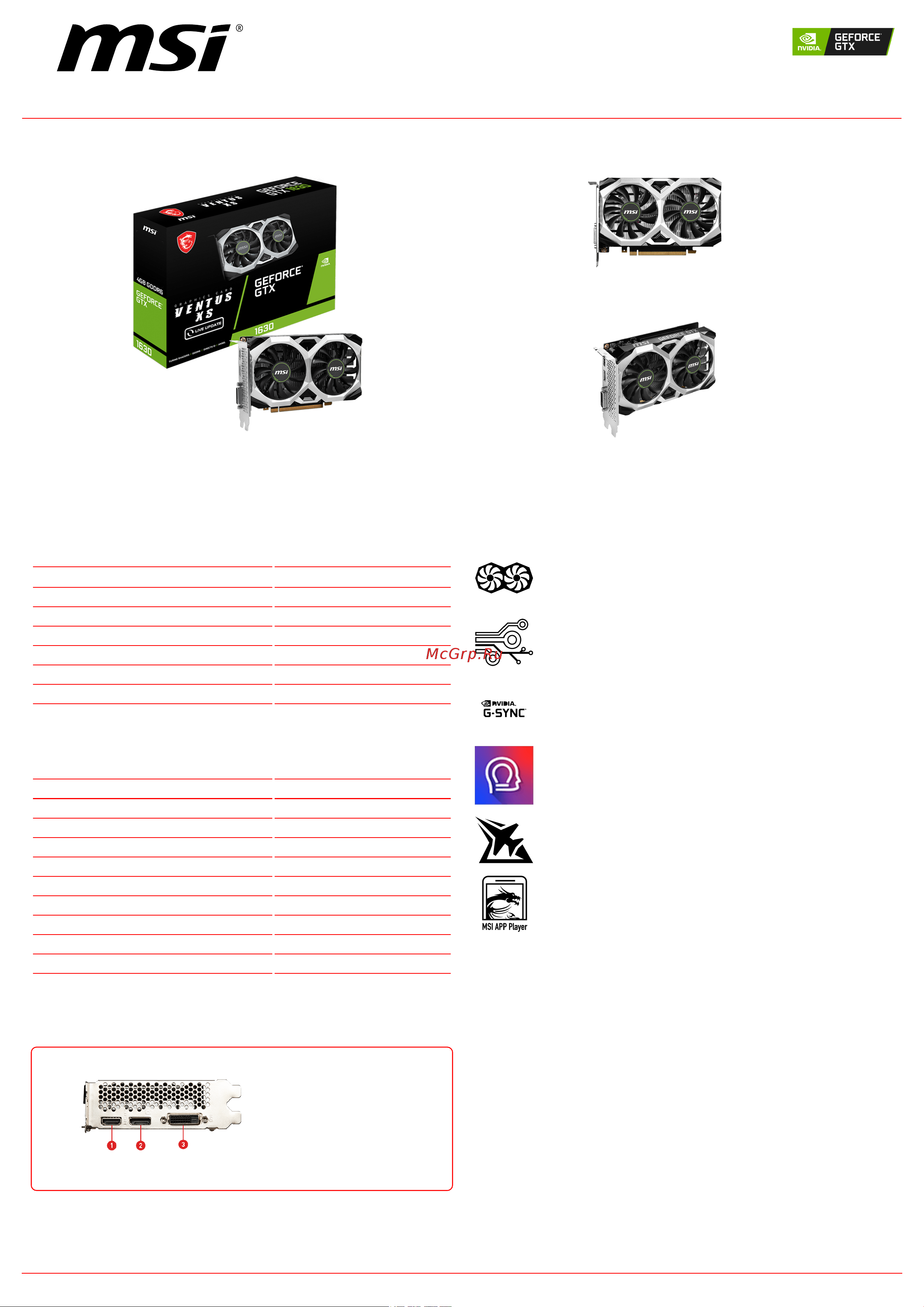 MSI GeForce GTX 1630 VENTUS XS 4G Спецификация онлайн