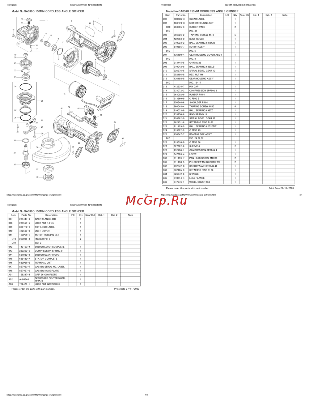 Makita GA036GZ Деталировка