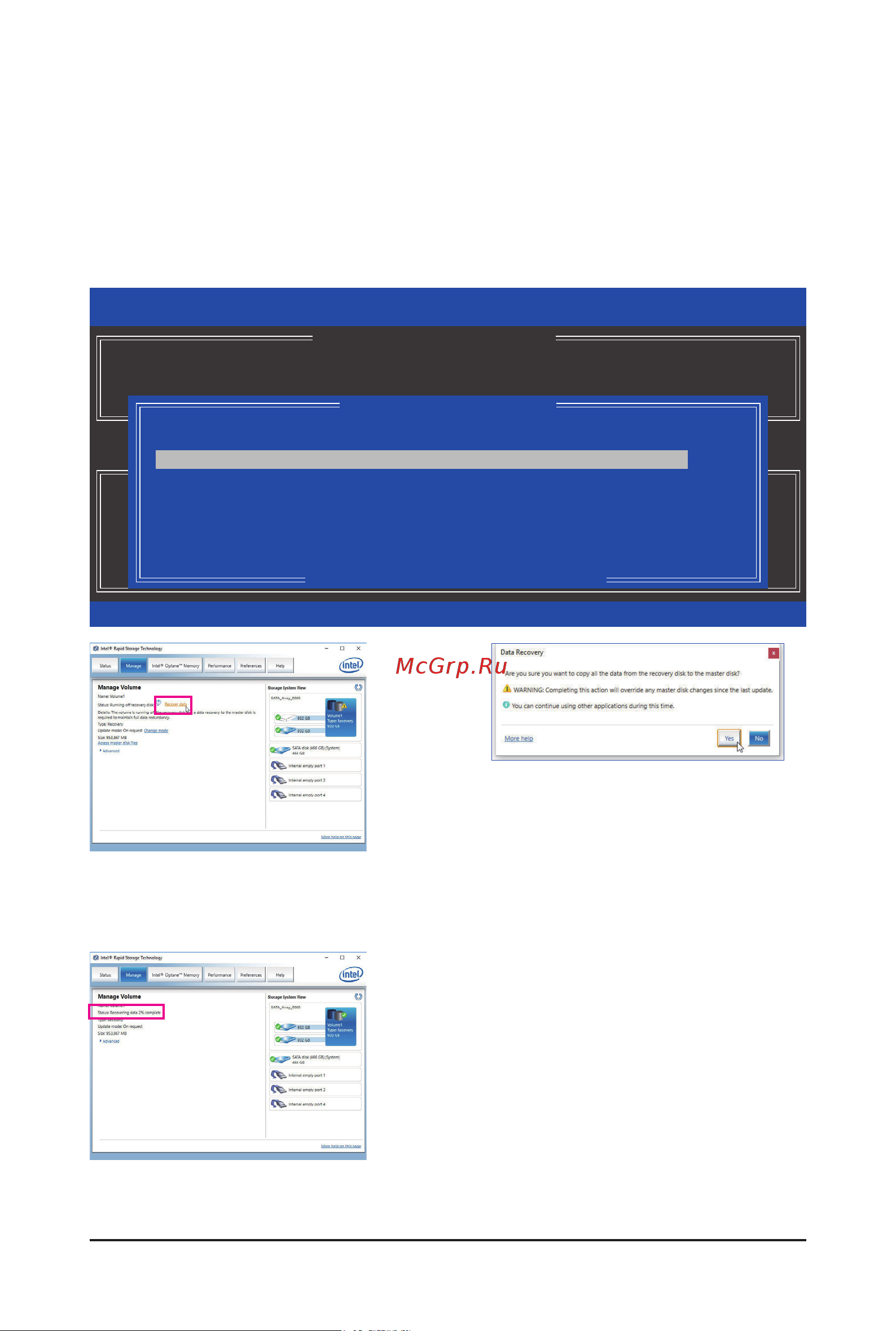 Gigabyte W480 VISION D [77/120] Raidconfigurationutility onthe recovery volumes options menu select enable only recovery disk to show the recovery drive in theoperatingsystem followtheon screeninstructionstocompleteandexittheraidconfigurationutility