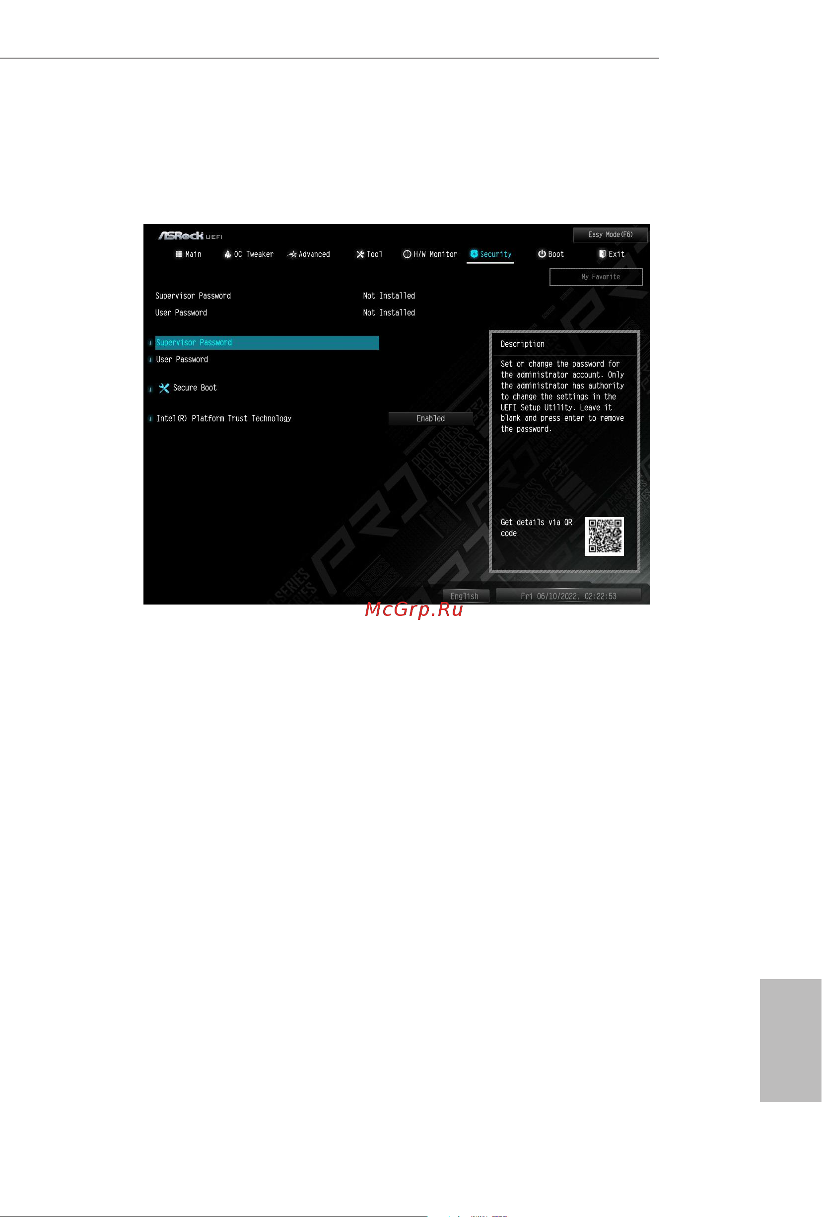 ASRock B660 Pro RS [100/104] Security screen