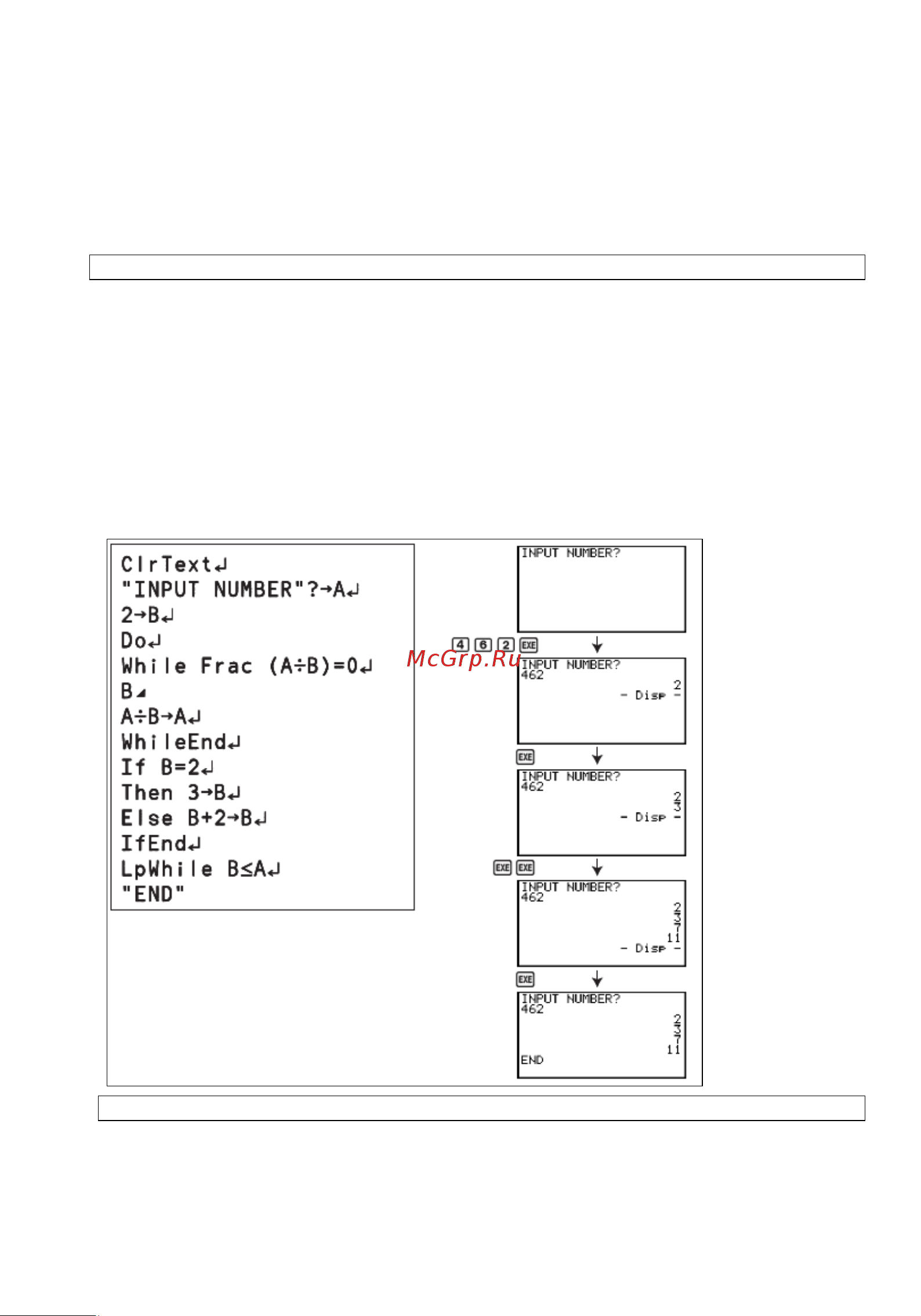 Casio FX-9860G_AU_PLUS [319/416] Программа делит натуральное число до тех пор пока оно не будет полностью разложено на простые множители