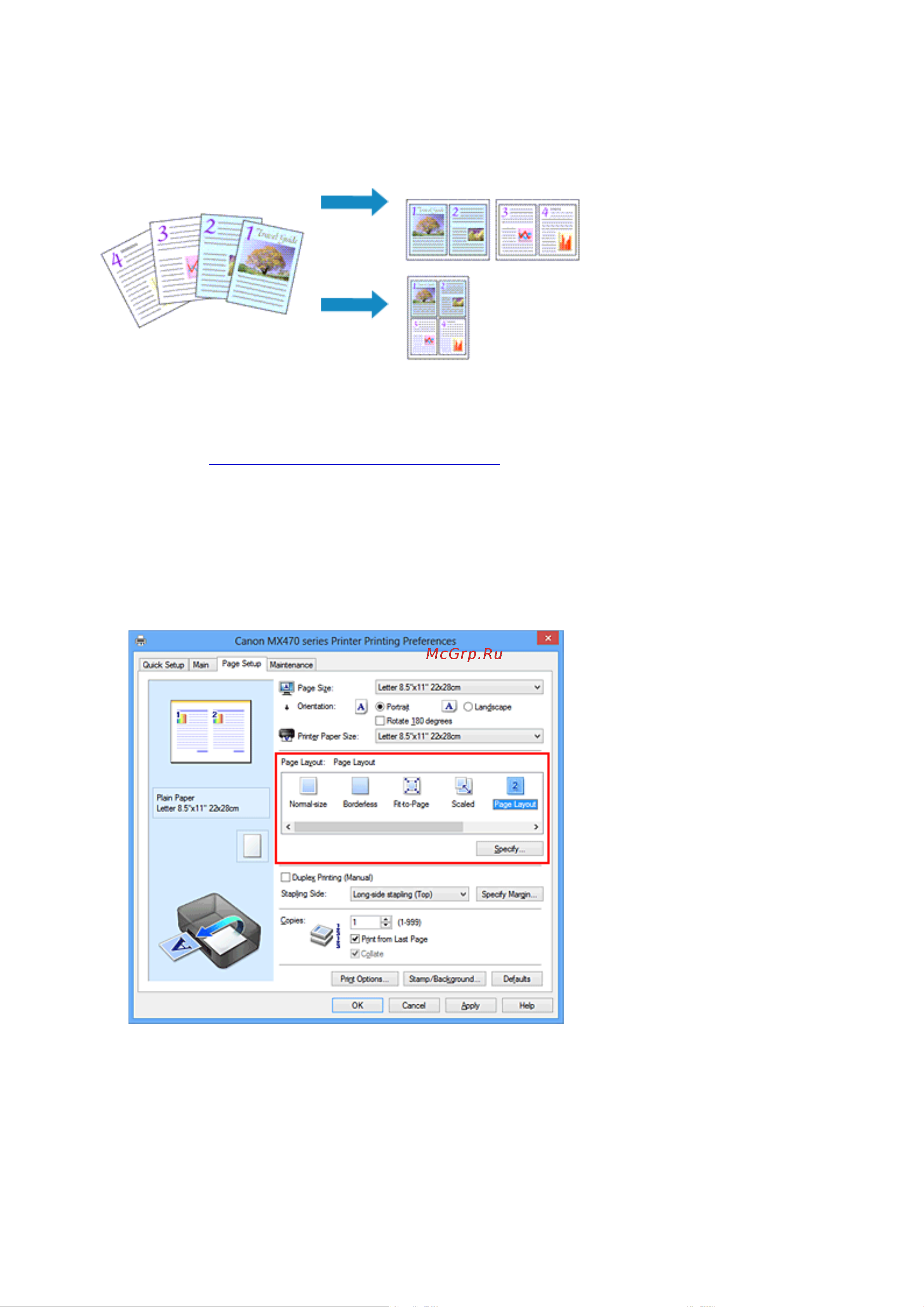 Canon PIXMA MX474 [289/980] Установите число страниц печатаемых на одном листе и порядок страниц