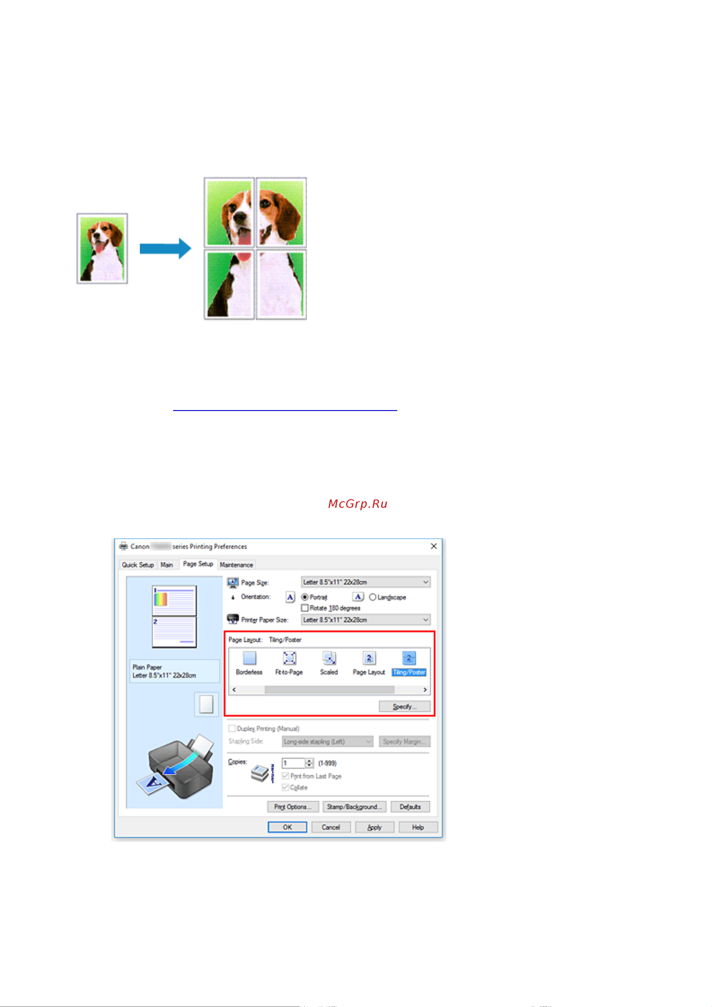 Canon PIXMA TS3150 [163/378] Функция печати в виде плитки постера позволяет увеличить изображение разбить его на несколько страниц и напечатать эти страницы на отдельных листах бумаги можно также объединить страницы чтобы напечатать изображение в крупном формате например постер