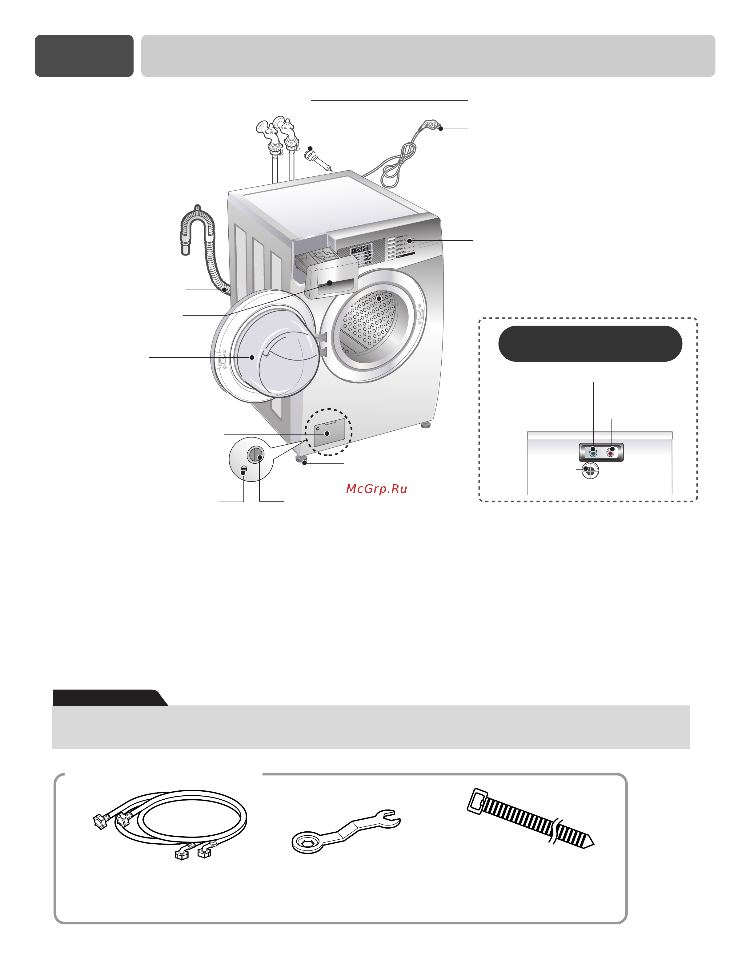 LG WD-10467BD [6/28] Шланг для холодной горячей воды гаечный ключ крепёжный ремень