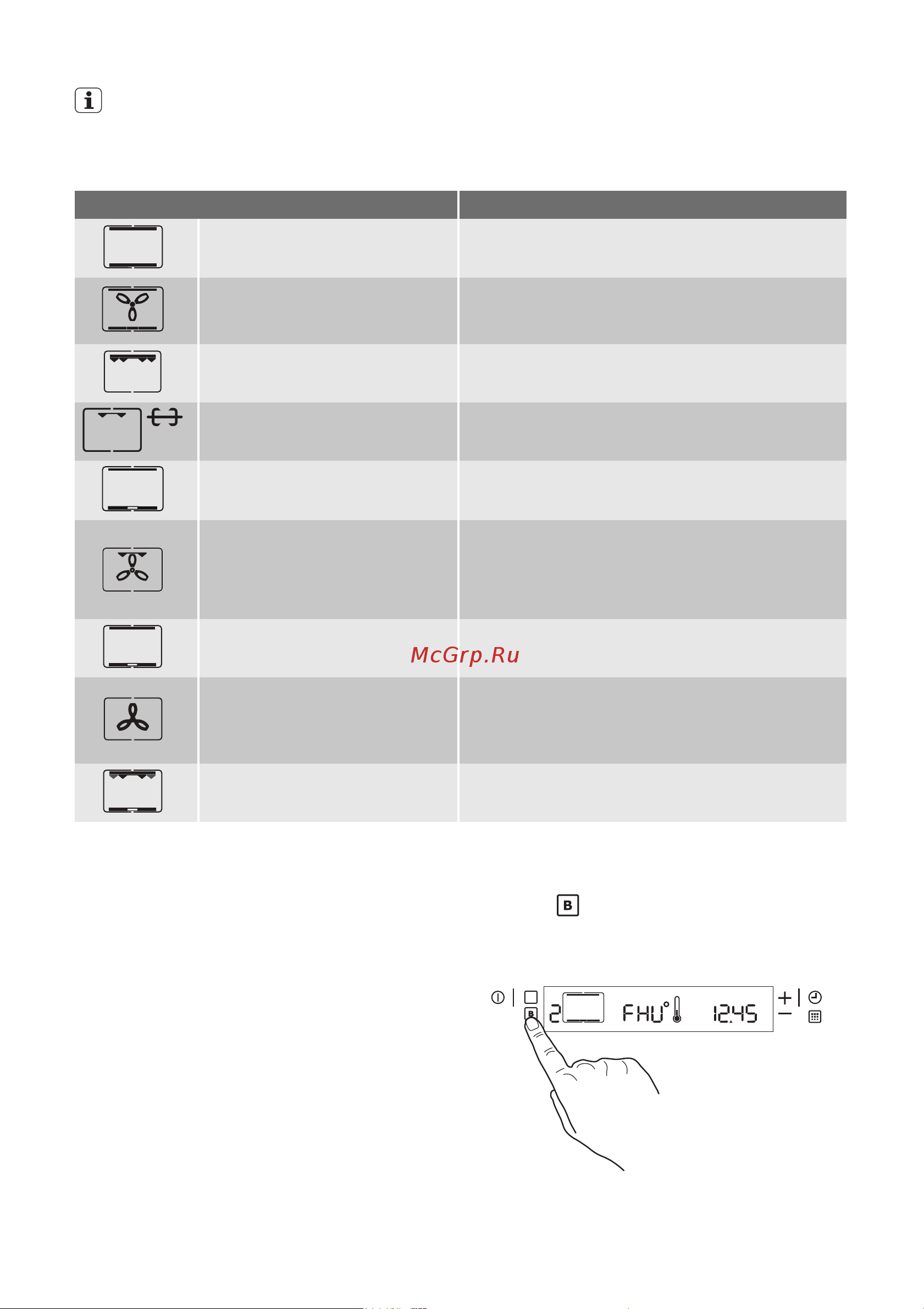 Electrolux EOC 66800 X [7/68] Set an oven function if necessary change the recommended temperature 2 press button the display shows fhu and rapid heat up function oper ates
