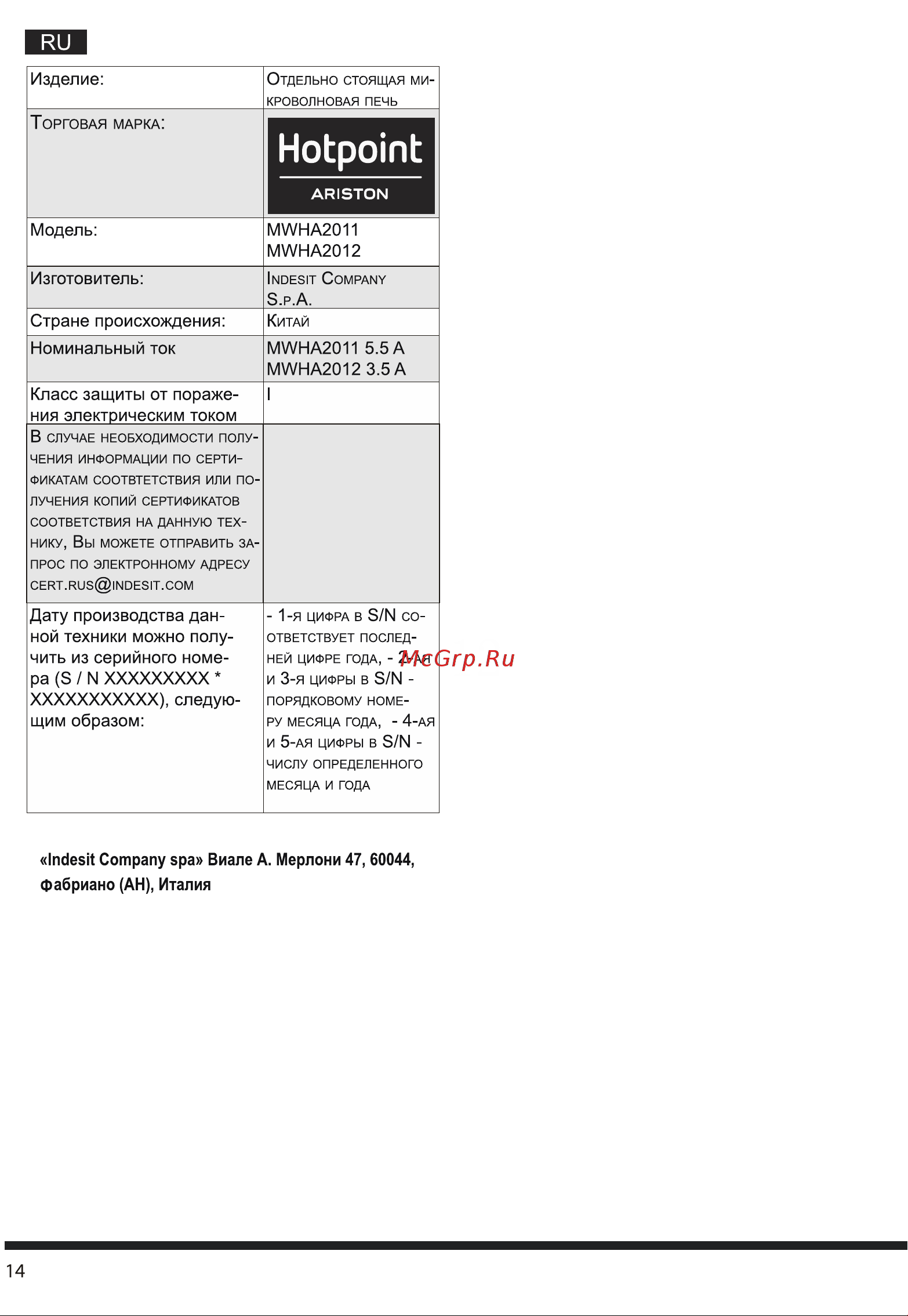 Hotpoint-Ariston MWHA 2012 [14/15] 页 15