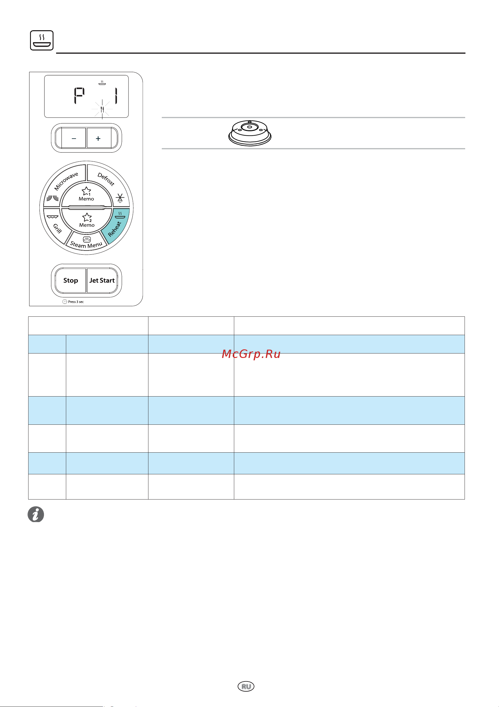 Whirlpool MWA 269 WH [15/24] Reheat menu меню разогрева